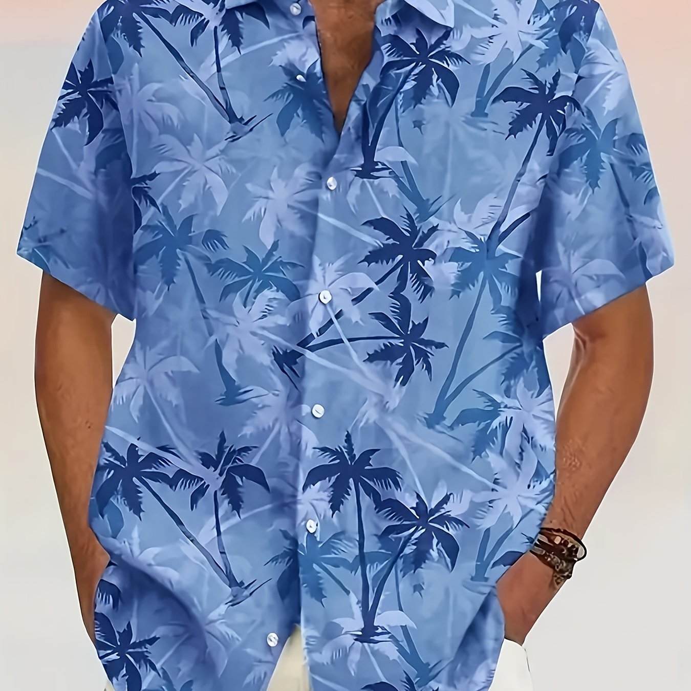 TEMU 1pc Men's Casual Polyester Shirt With Coconut Trees Print - 100% Polyester Woven Fabric, Short Sleeve, Lapel Collar, Single Breasted, Loose Fit,
