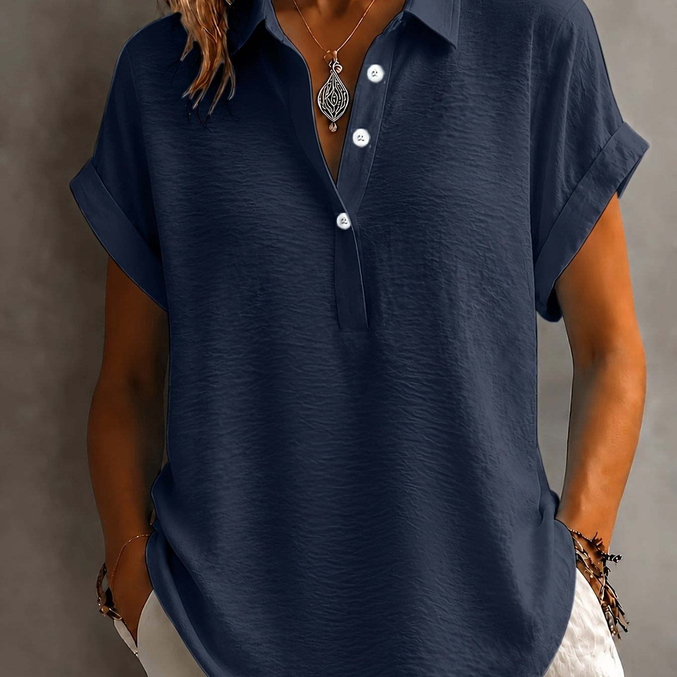 TEMU Plus Size - New Stunning Elegant Directional Semi-open Collar Short Sleeve Unisex All-match Women's Plus Size Shirt
