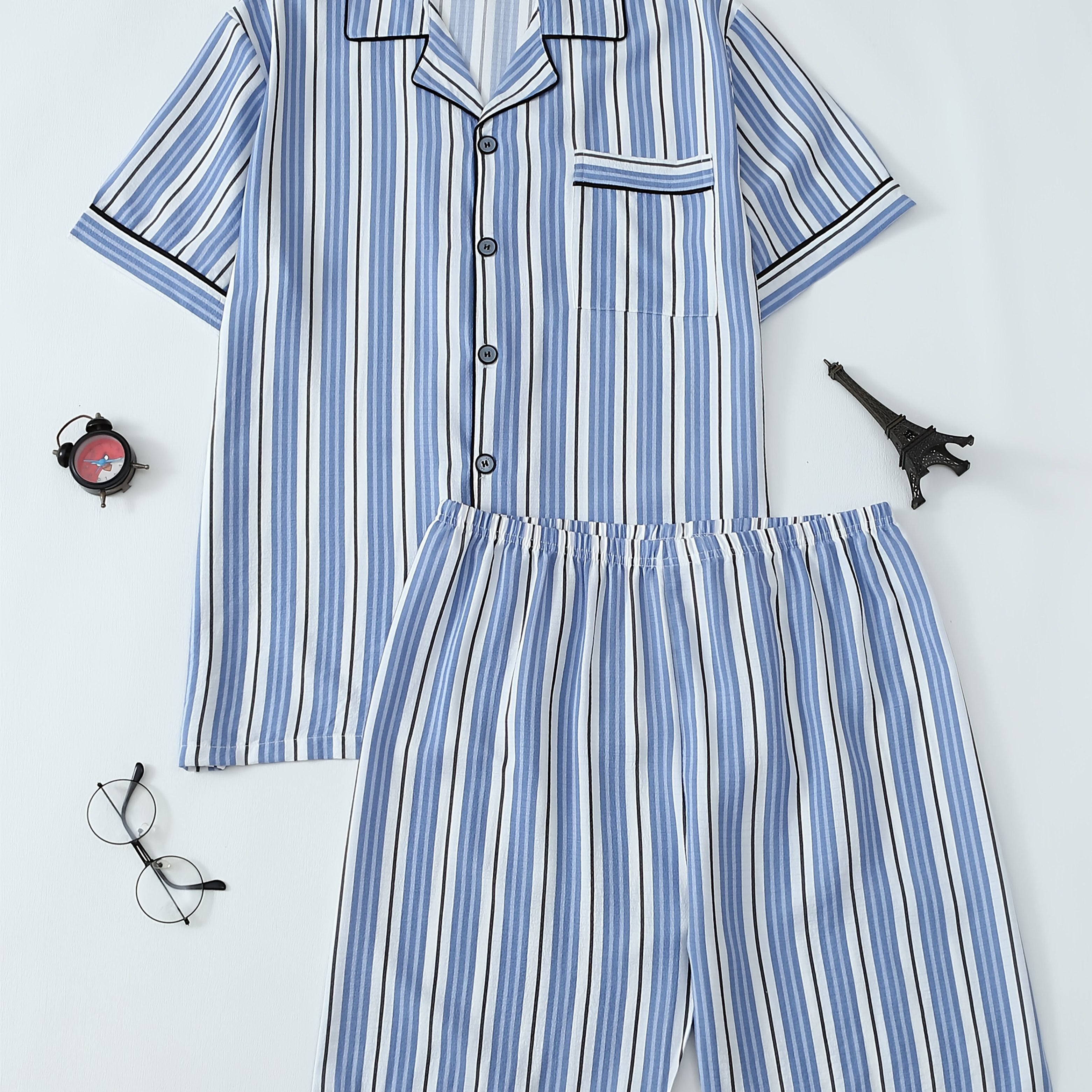 E-shop Herren Neues Frühling/Sommer Casual Gestreiftes Umlegekragen-Knopf-Shirt Kurzarm Pyjama-Set