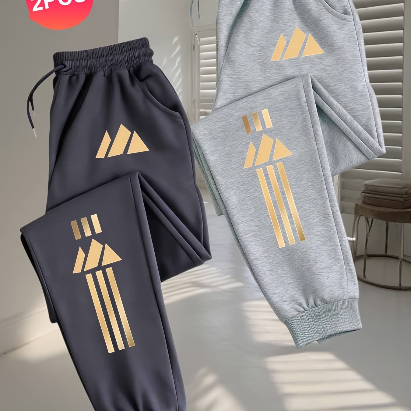 TEMU Two-piece Men's Bronze Geometric Sweatpants With Elastic Waistband And Drawstring, 100% Polyester Knit Fabric, Regular Fit, With Pockets And