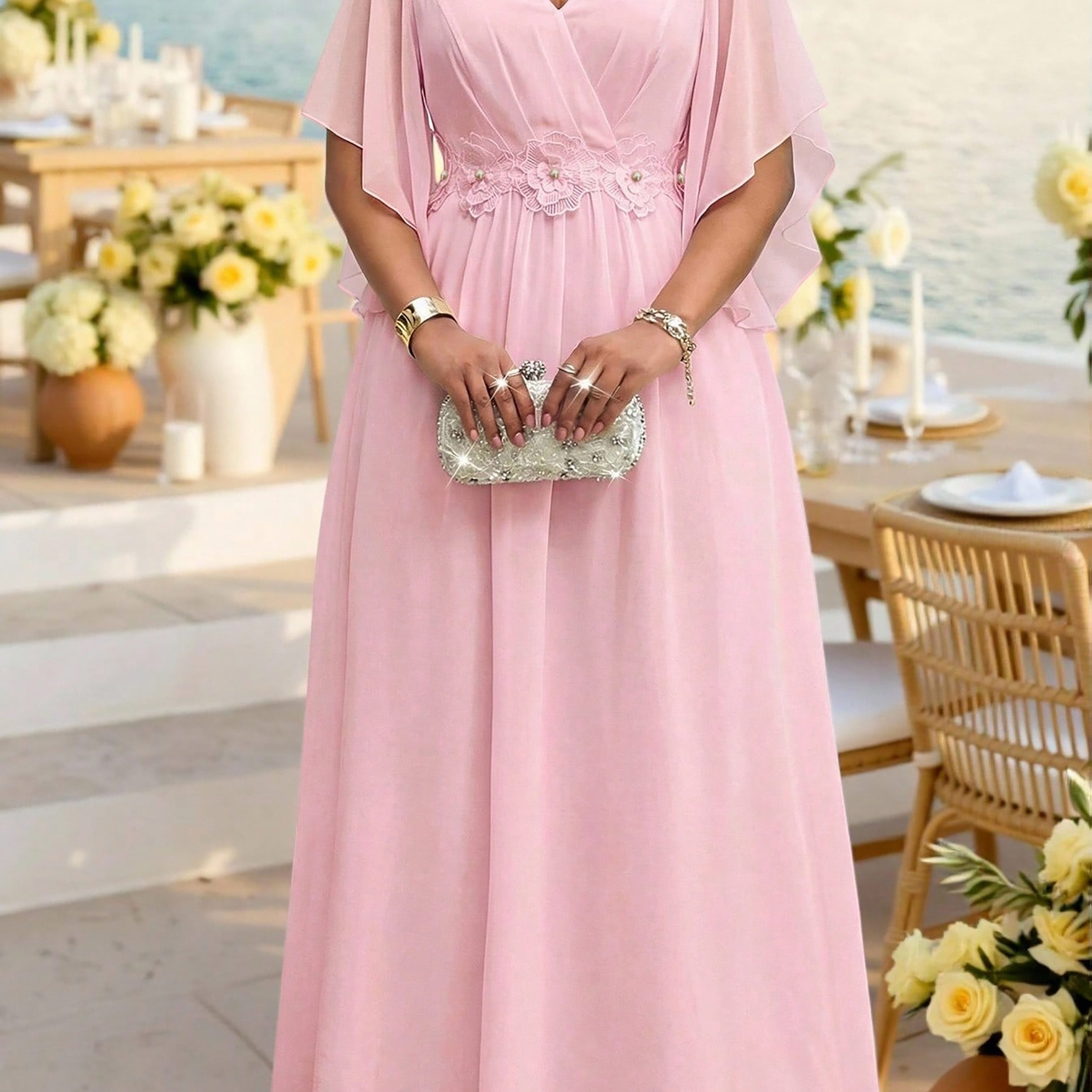 TEMU Plus Size, Plus Size Women' Color Cross V-neck Chiffon Waist- 3d Flare Sleeve Long Maxi Dress - Perfect For Party, Wedding & Special Occasion