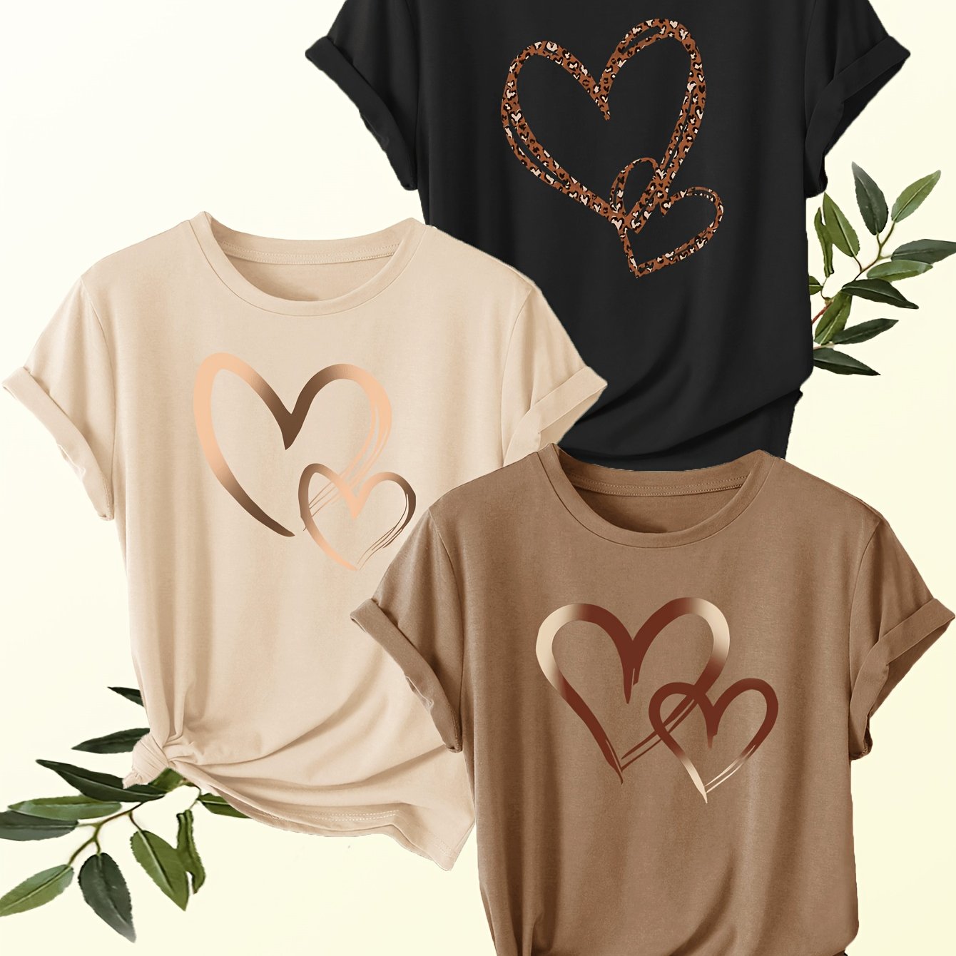 TEMU Women's V Pack 3pcs Round Neck Short Sleeve T-shirt Set, Featuring Fashionable Gradient Print, Fabric, Comfortable And Versatile, Suitable For