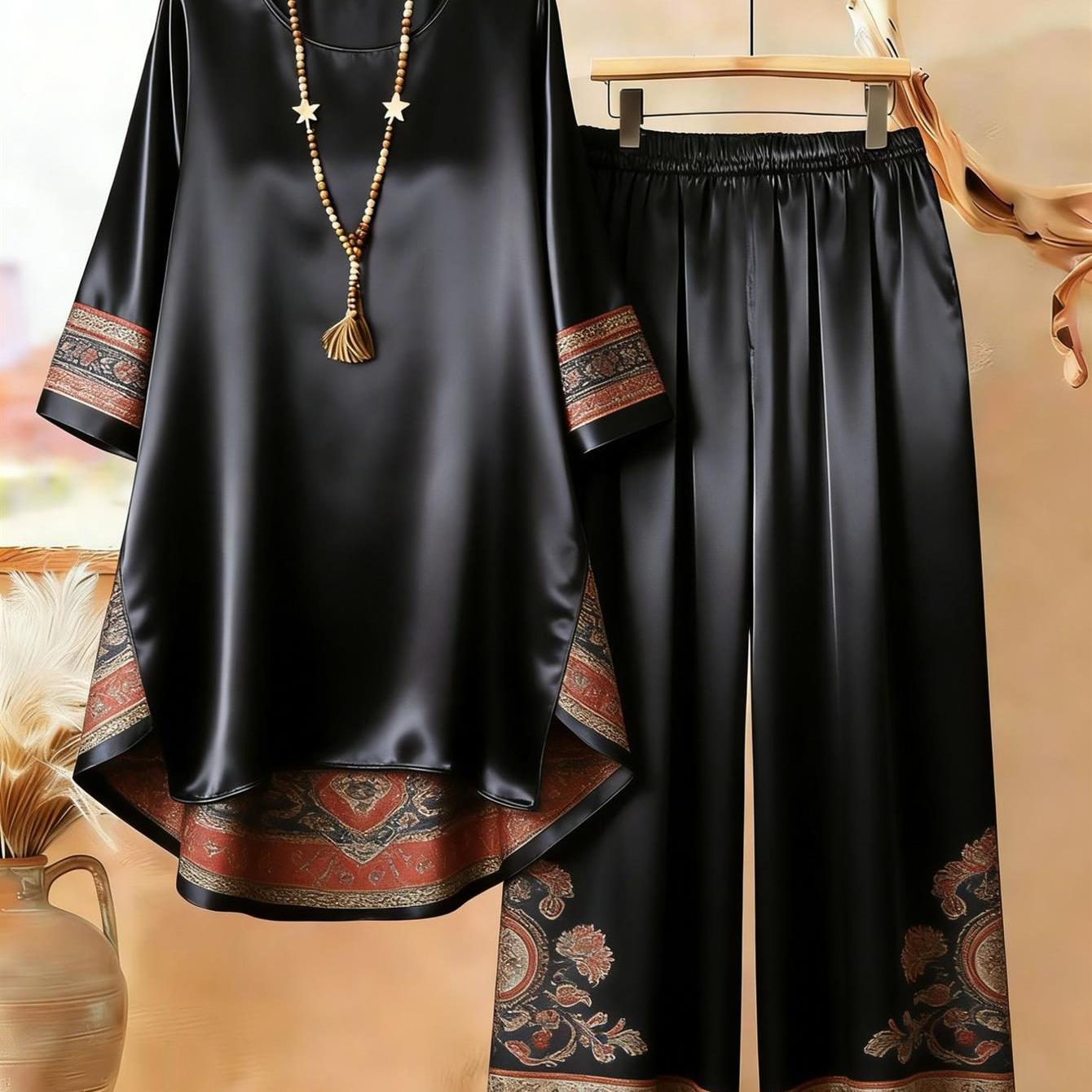 Plus Size, Plus Size - Plus Size - Plus Size Women 2pcs Black Satin Outfit Vintage Ethnic Border Floral Print Loose Irregular Tunic Top Elastic Waist Flowy Wide Leg Pants Elegant Casual Matching Set