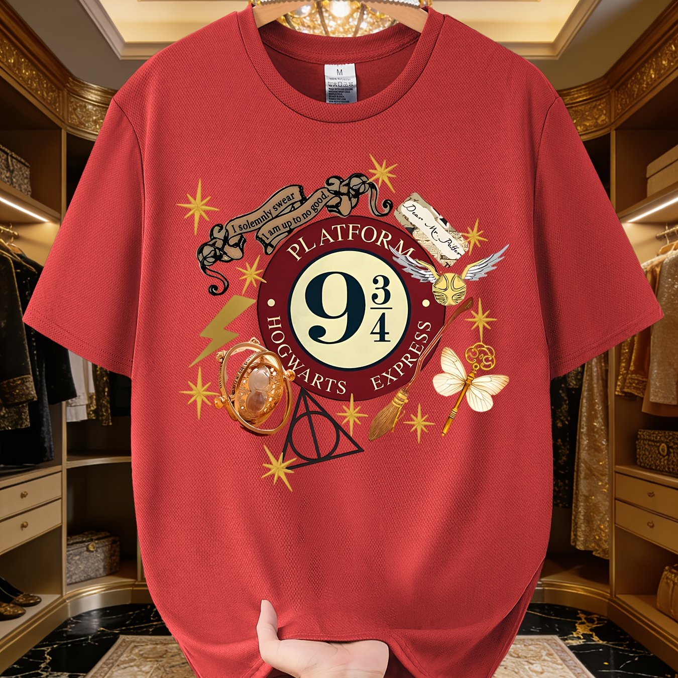 TEMU Holiday Gift, Print Round Neck T-shirt For Men, Hogwarts 9Â¾ Platform Magic , Breathable And Skin-friendly, Themed Market, Magic Enthusiast