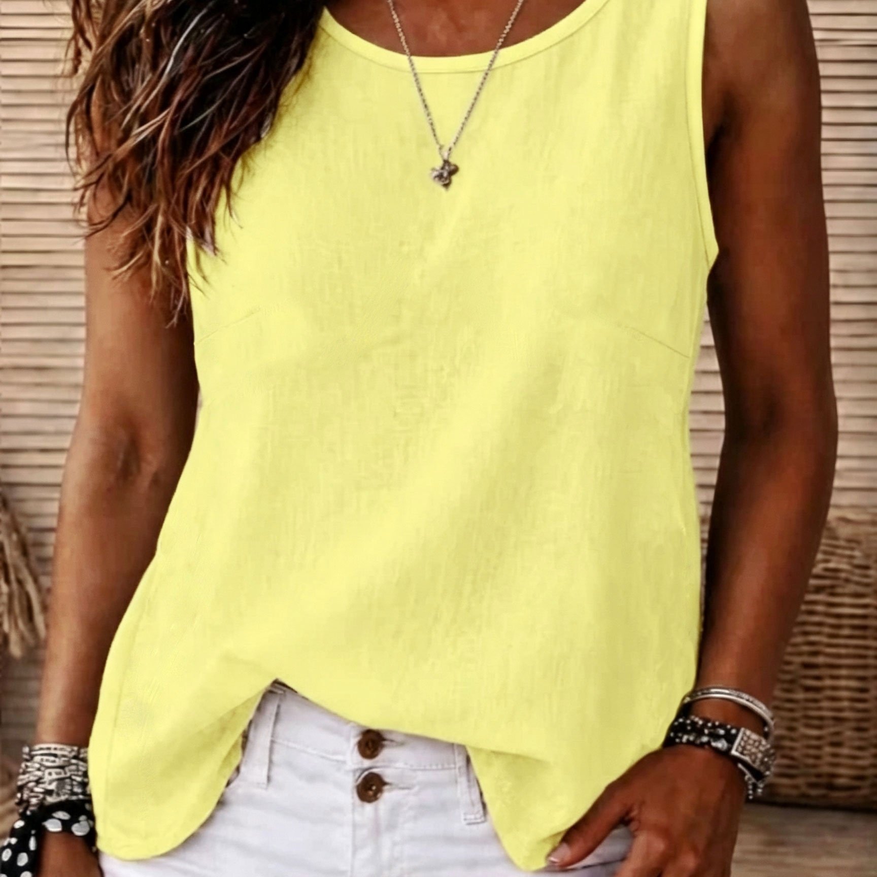 TEMU Women's Elegant Solid Color Sleeveless Shirt - Round Neck Loose Fit Button-front Top With Side Button Panel, Non-stretch Basic Basic Tank