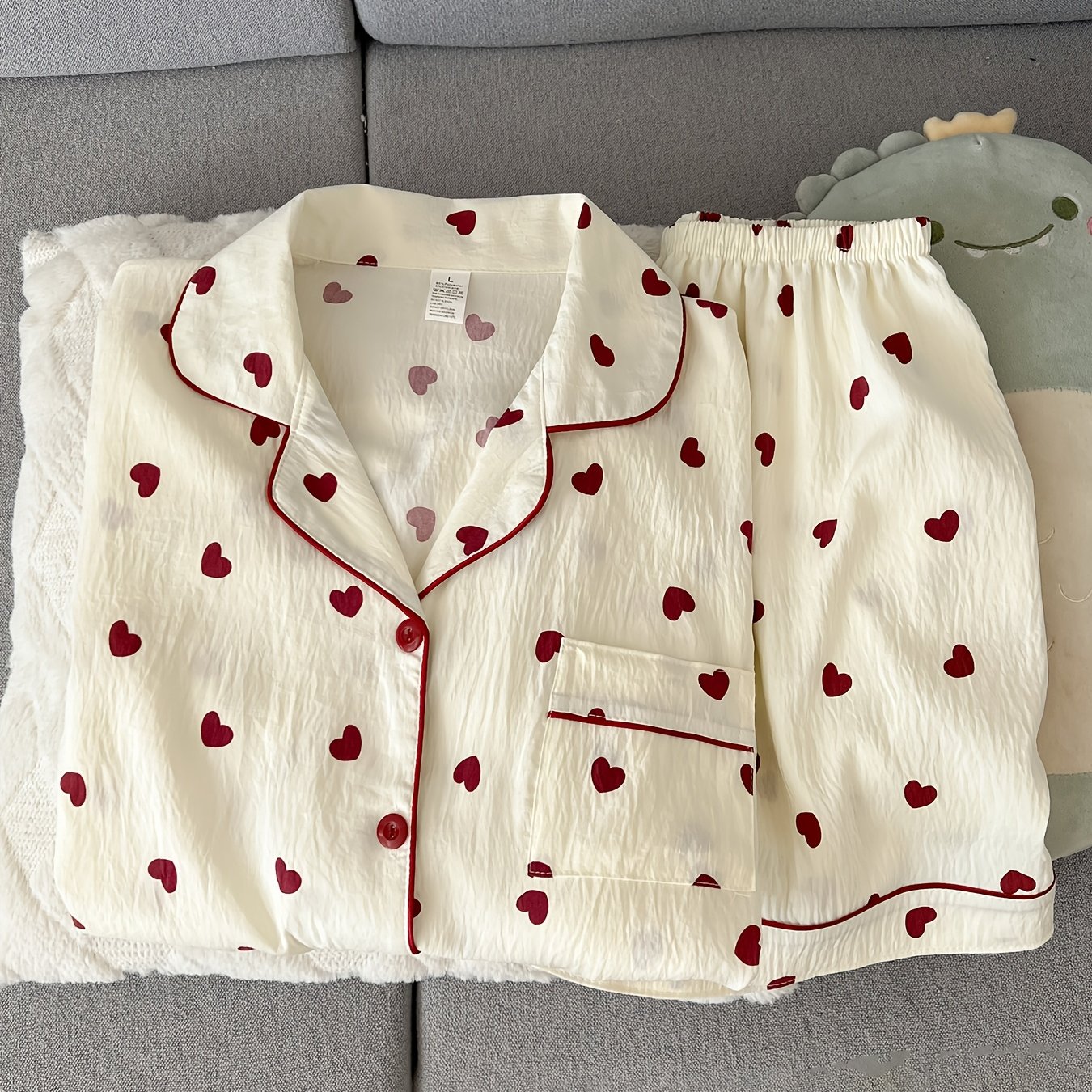 E-shop Damen Herzdruck Kurzarm-Shorts Niedliches Kragen-Cardigan Pyjama-Set, Sommer Knopfleiste Oberteil Shorts, Weich Bequem Casual Asiatische Größe