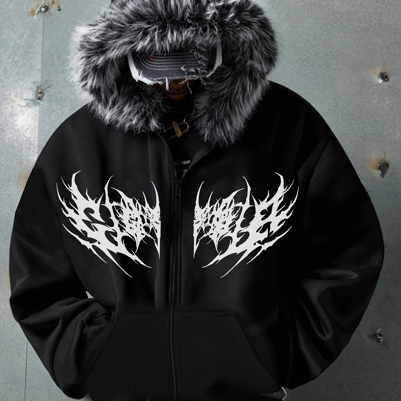 TEMU Gothic Style Faux Fur Hooded Sweatshirt, Metallic Thorns Print Zip-up Hoodie, Unisex Trendy Brand