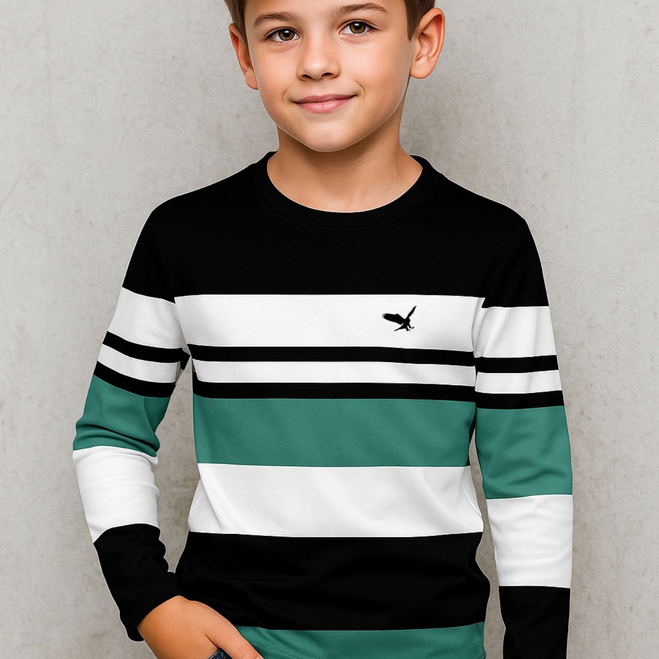 TEMU ' /green Striped Long Sleeve Shirt With - Full-body Print Round Neck Top, Casual & Casual Attire, Machine Washable ' Outerwear (spring/fall) -
