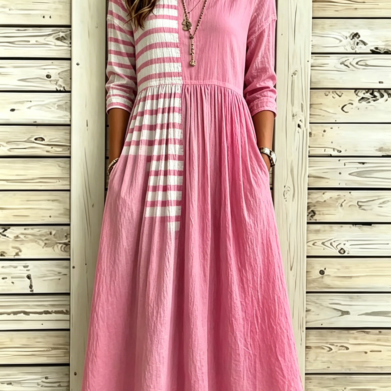 Women's Casual 3/4 Sleeve Midi Dress With Polka Dots & Striped Prints, Round Neck A Line Dress With Pockets For Elegant Wear