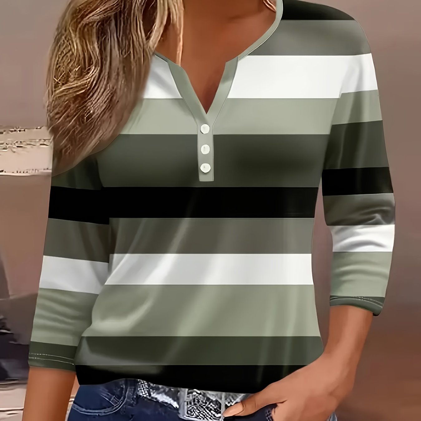 E-shop Damen-Mode Neuheit Frühling/Sommer, Lässiger Stil, Gestreiftes V-Ausschnitt-Basic-T-Shirt mit Dreiviertelärmeln, Knopfleiste lockerer Passform,