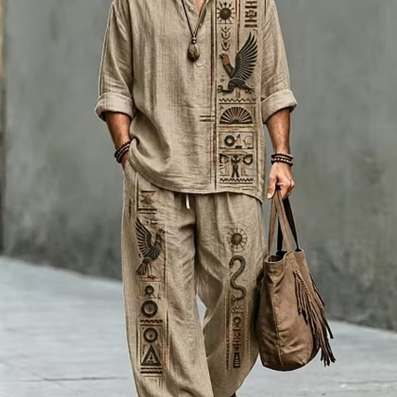 TEMU Standard Size Men's Loose 2pcs Set- Men's Fashionable Retro Ethnic Style Egyptian Hieroglyphic Eagle Pattern Casual Loose 2pcs Set, Adult Men'