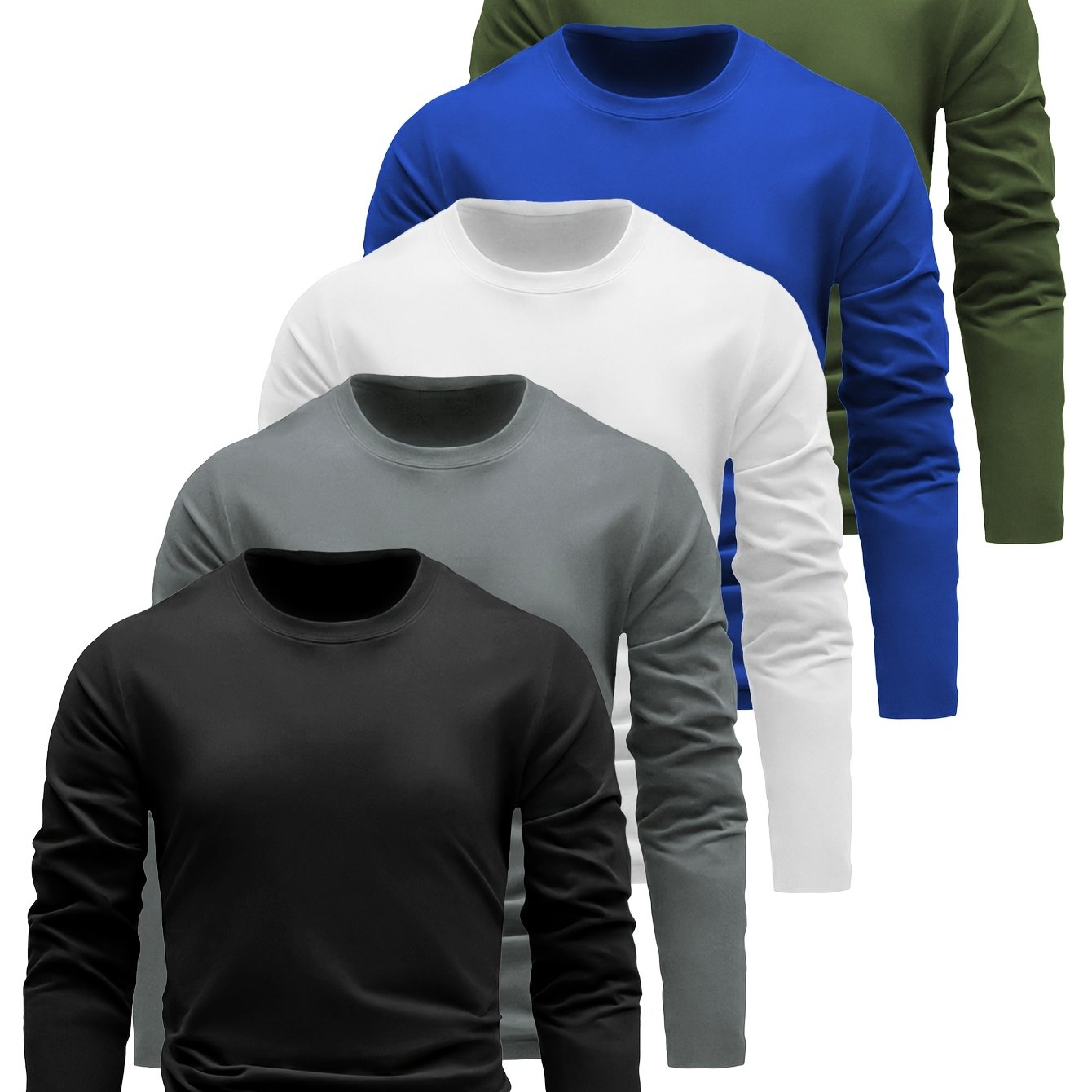 TEMU 5pcs Men'-color Round-neck Quick-dry Basic Solid-color Mesh Long-sleeve Sports Tops, Breathable And Comfortable Pullovers, Suitable For Gym,