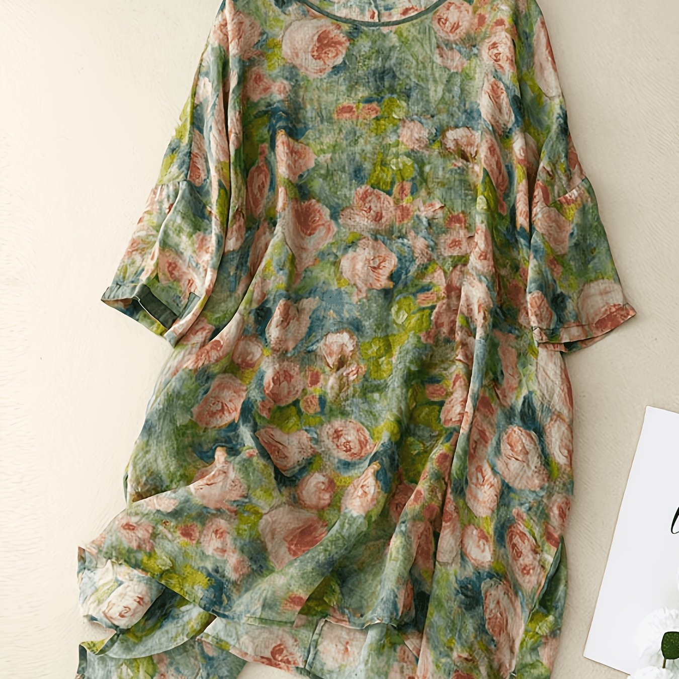 TEMU Women's Casual Vacation Floral Print Short Sleeve Loose Dress, Elegant Design, - Fabric, Suitable For Spring/summer/autumn, Worn With An Outer