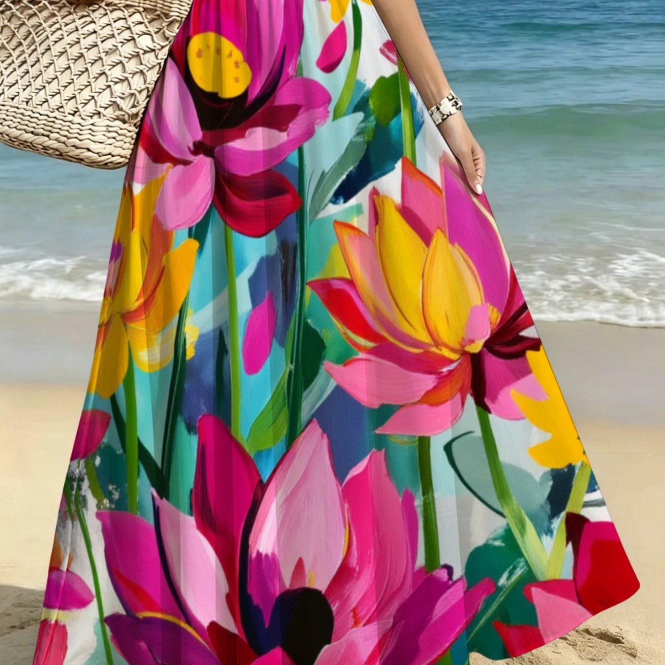 TEMU Lianyaoshi [Diseño estampado, no texturizado] Falda larga maxi floral para mujer, estampado en rosa, y verde, diseño y para vacaciones en ,