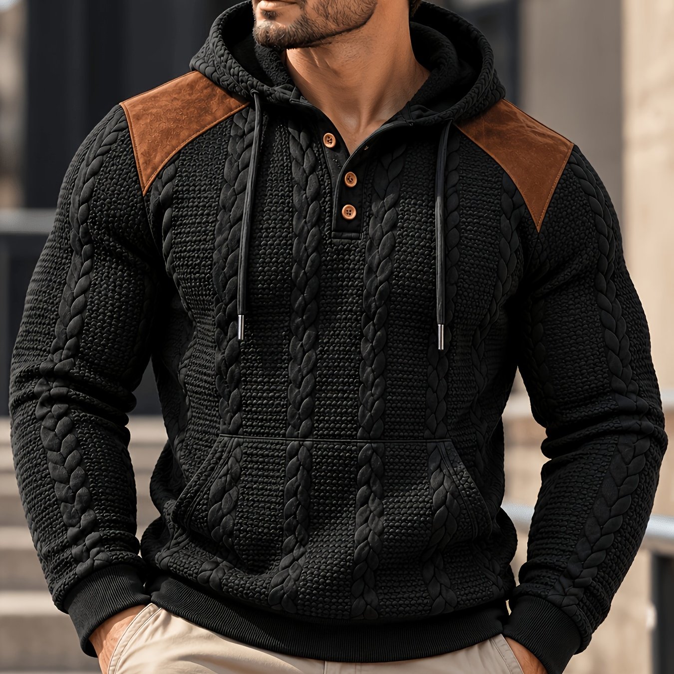 TEMU Sweat-shirt à capuche pour homme, manches longues, marron, patchwork contrasté sur les épaules, jacquard, coupe aléatoire, tissu texturé, patte