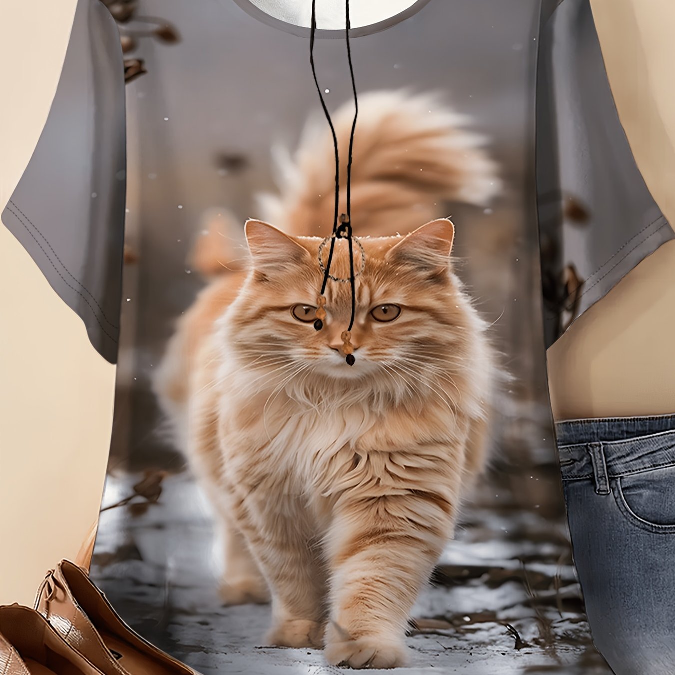 TEMU Plus-size Women's T-shirt Featuring A -realistic Orange In A Snowy Winter Scene. The Fluffy, Soft Of Tabby And Its, Gentle , Combined With And A