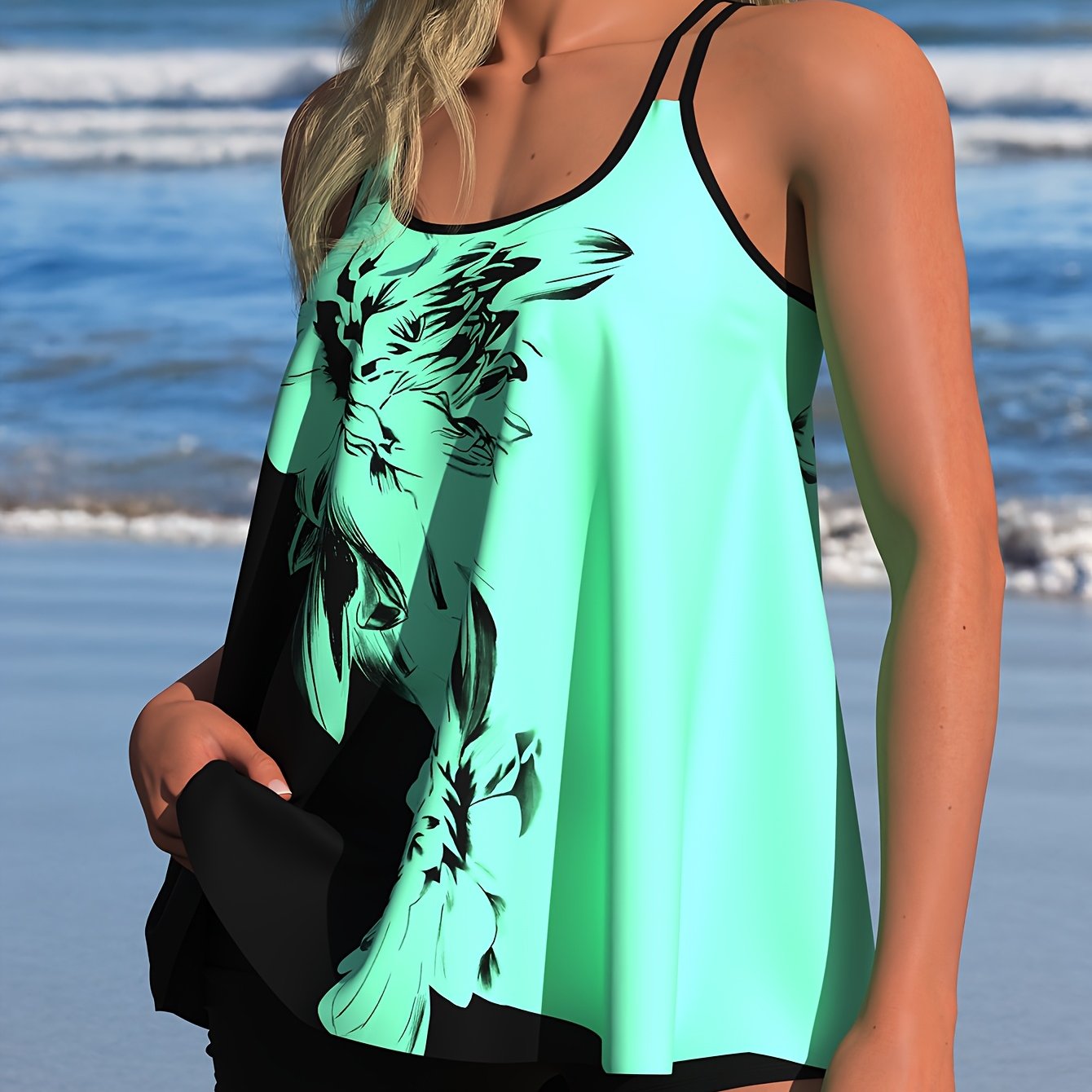 Women's Plus Size Floral Print 2pcs Tummy Control Swimsuit, Adjustable Strap Tankini