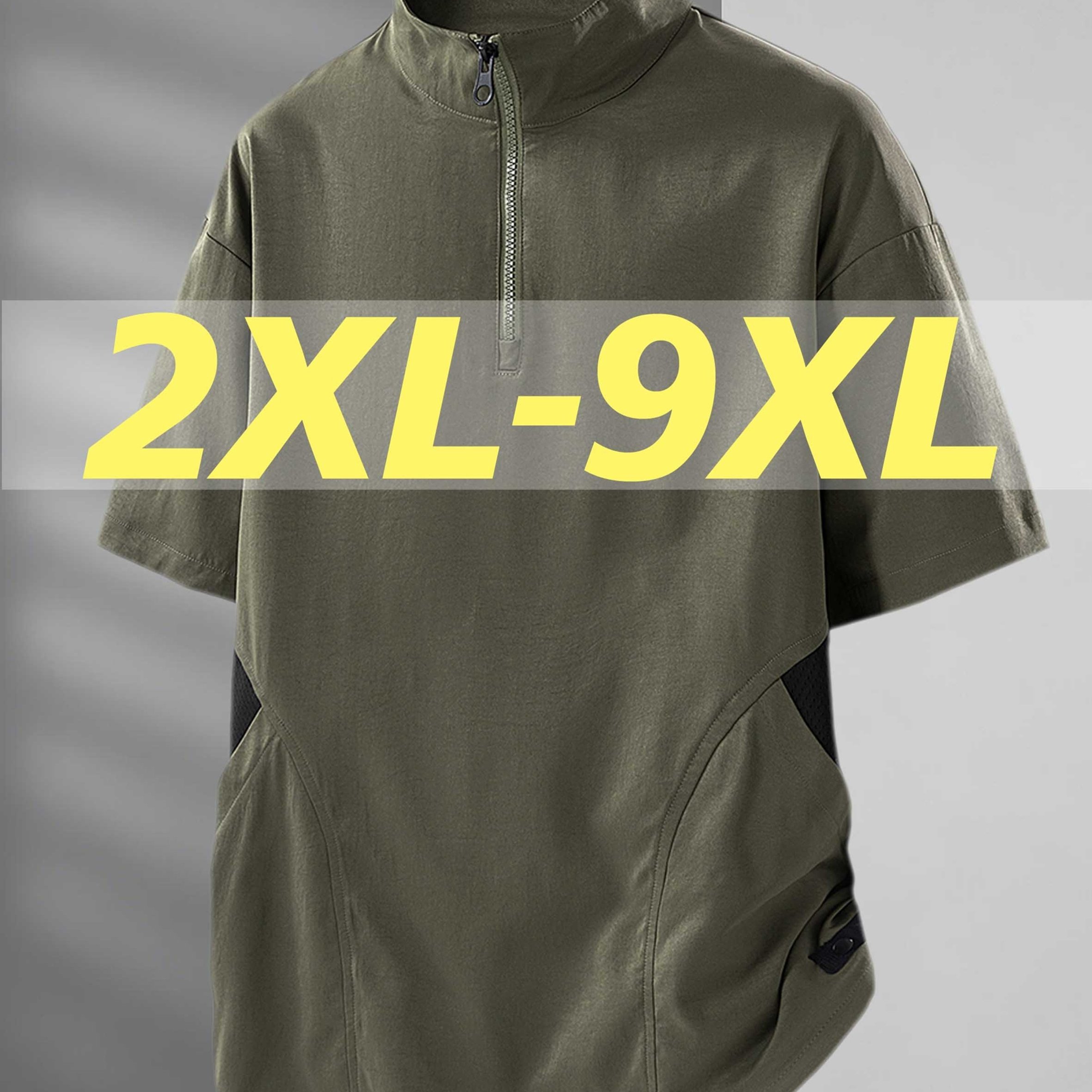 TEMU Plus Size Men's Half-zip Stand Collar Short Sleeve Shirt, 2xl-9xl Extended Size Loose Breathable Casual Top, Casual Athletic Lapel Short Sleeve
