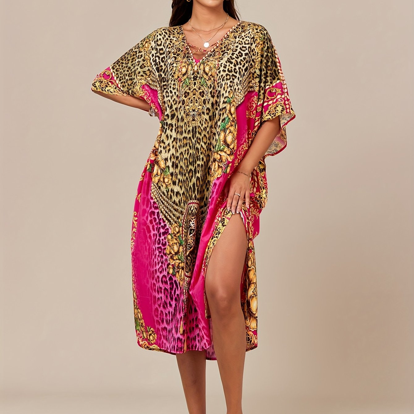 TEMU Women's Bohemian Leopard Print Kaftan Dress - Sleeveless Side Slit Beach Cover Up, Lightweight Machine-washable Swimsuit Coverup For Poolside &