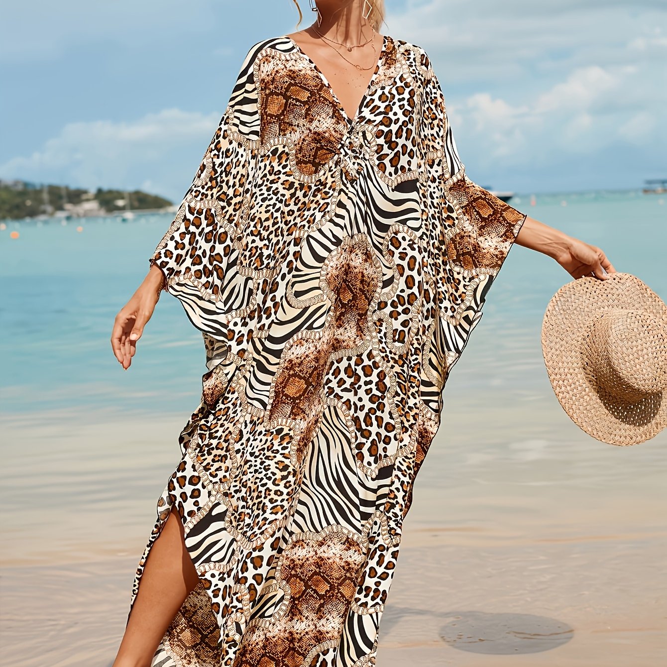 Plus Size, Women's Plus Size Bohemian Print Kaftan Dress Lightweight Loose Breathable 1pc Beach Cover-up Home Casual Elegant Vacation Bikini Outerwear Long Dress