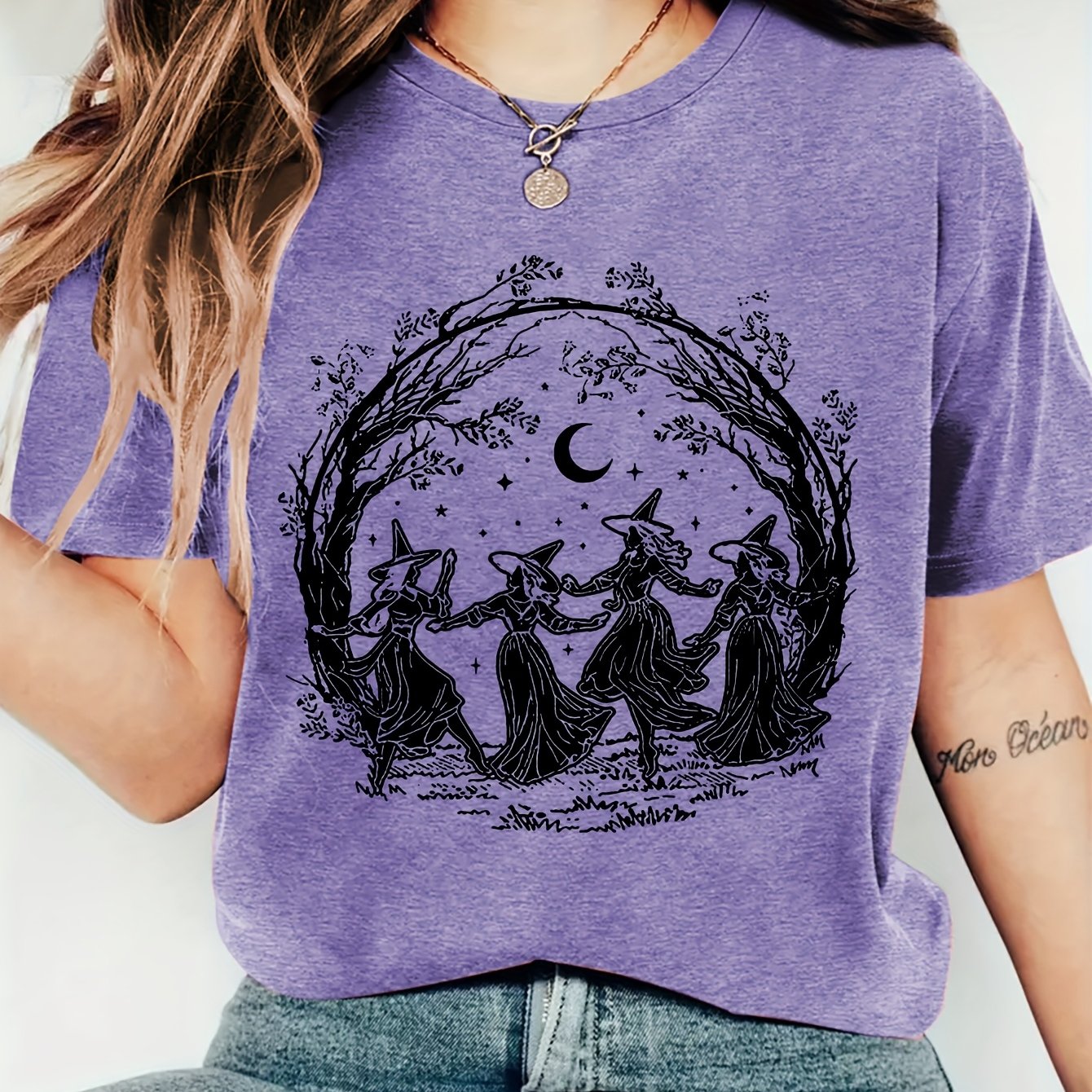 TEMU Women's Halloween Costume: Autumn Apparel, Festive Gift, Print Round Neck Short Sleeve T-shirt, Under The Moonlight, Comfortable, Soft, Stylish,