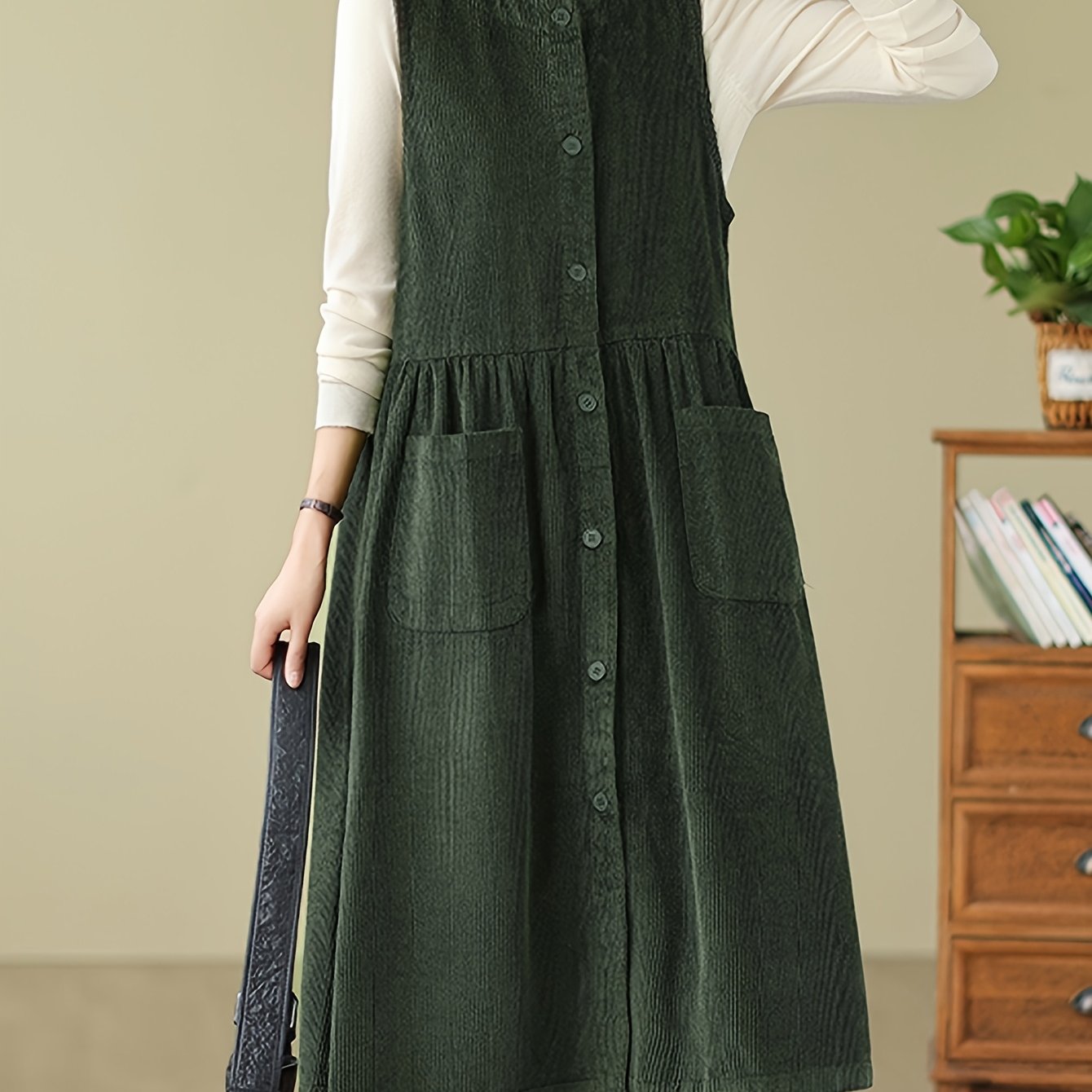 TEMU Japanese Retro Corduroy Round Neck Versatile Vest Dress Sleeveless Over-the-knee Mid-length Dress