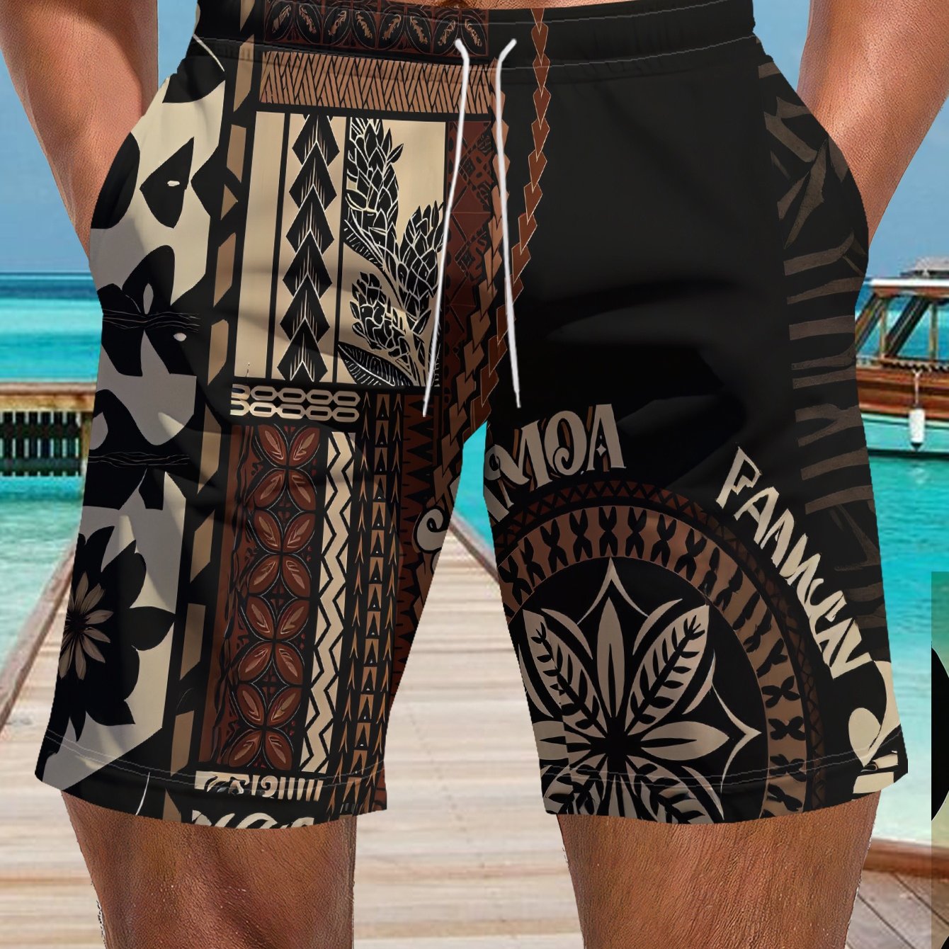 TEMU Men's Quick-dry Hawaiian Luau Board Shorts With Polynesian Tribal Print - Knee-length Swim Pants For Surfing, Snorkeling, Beach Vacations -