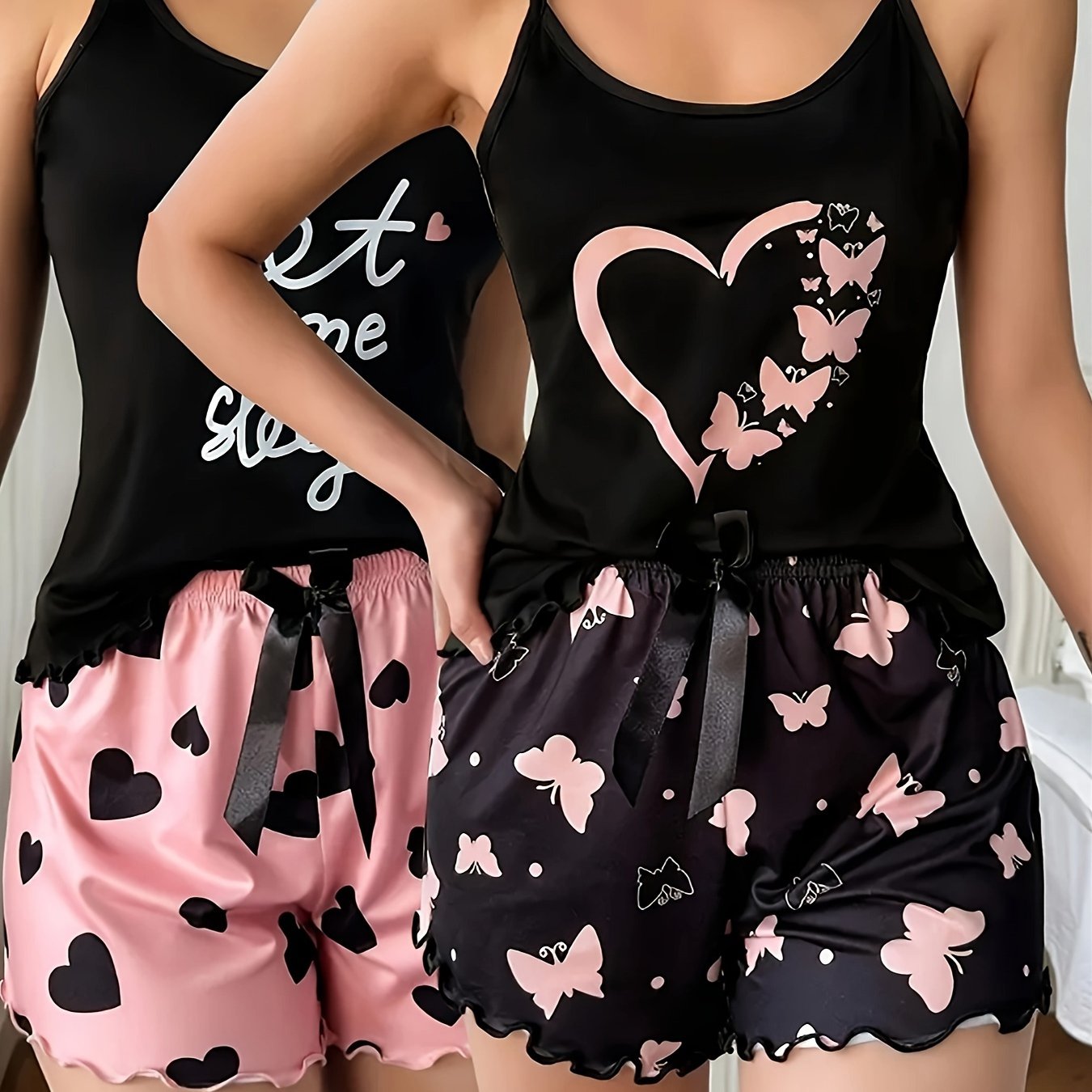 Women's Casual Pajamas Letter And Heart Suspender Top Shorts Two-piece Set