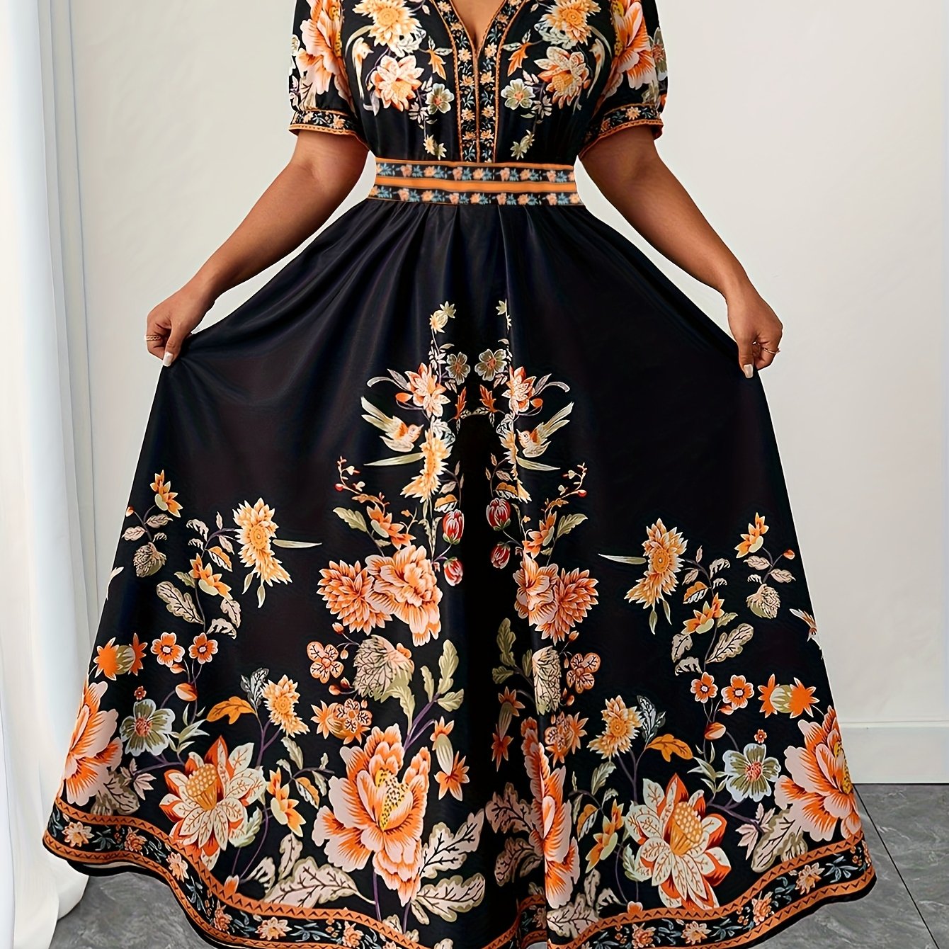 E-shop Damenkleid in Übergröße mit Blumendruck, V-Ausschnitt, elastischem Bund, Midi-Länge, elegant lässig, geeignet für Frühlings- Sommerausflüge