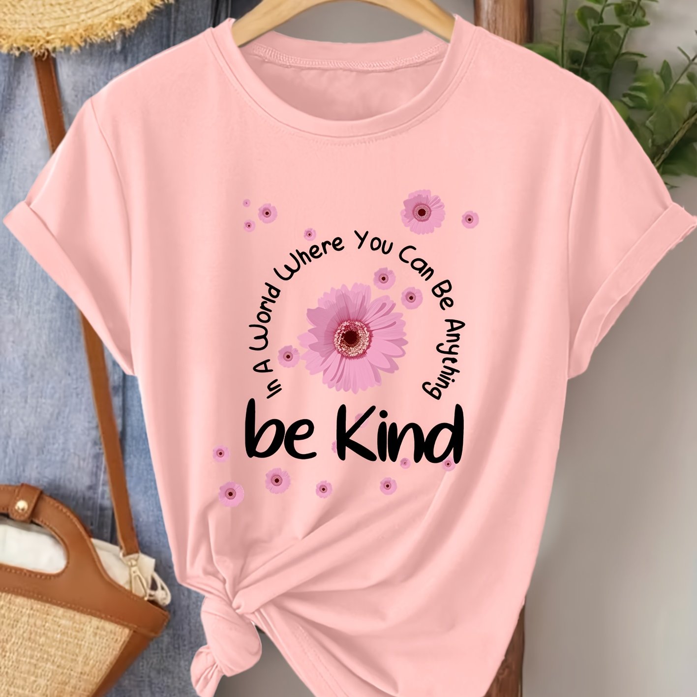 TEMU T-Shirt Femme Vintage "Sois Gentille" Rose Gumzie - Manches Courtes Col Rond, Taille S-XXL pour Printemps Été Automne, Tenue Décontractée avec