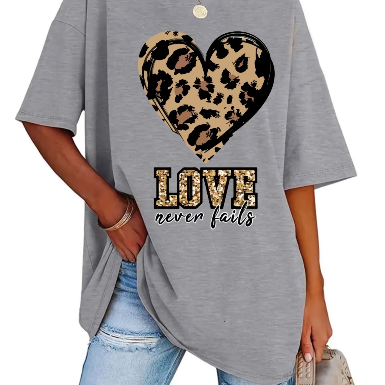 TEMU Plus Size - Plus Size - Fashionable Round-neck T-shirt With Printed Patterns In Plus Size