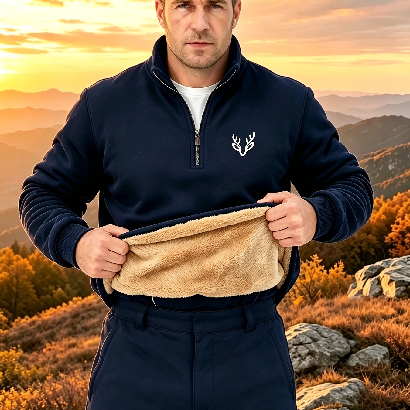 TEMU Men's Half-zip Stand Collar -lined Thickened Sweatshirt, Autumn/winter Vintage Warm Pullover Top, Outdoor Mountaineering And Camping Loose