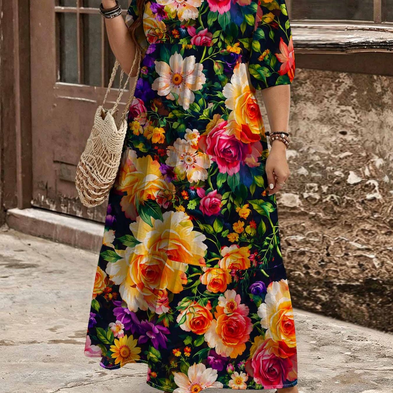 Image of Plus Size - Summer Plus Size Printed V-neck Bubble Short-sleeved Maxi Dress For Women. Layered Cake . Vintage Bohemian Chic Resort Dress. Elegant Flowy Aesthetic Style
