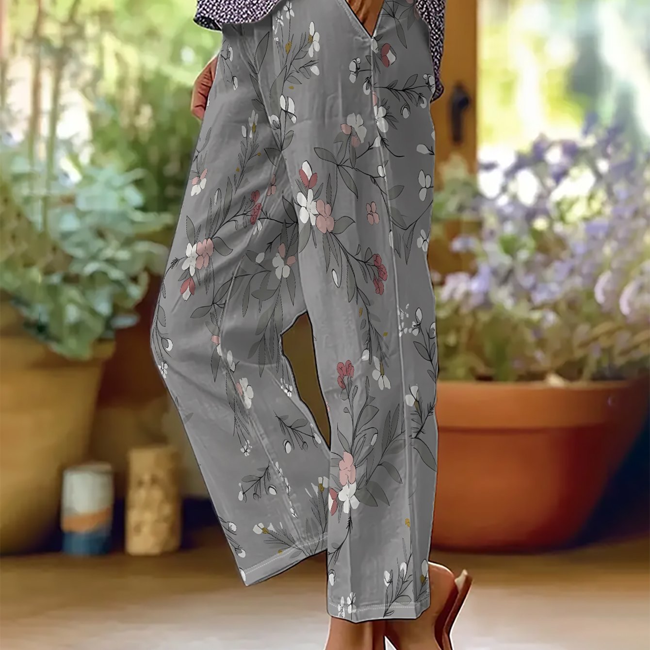 TEMU Spring Summer Autumn Women' Floral Straight Long Trousers, Elastic Waist Drawstring Machine Washable Fabric Floral Print Outing Pants