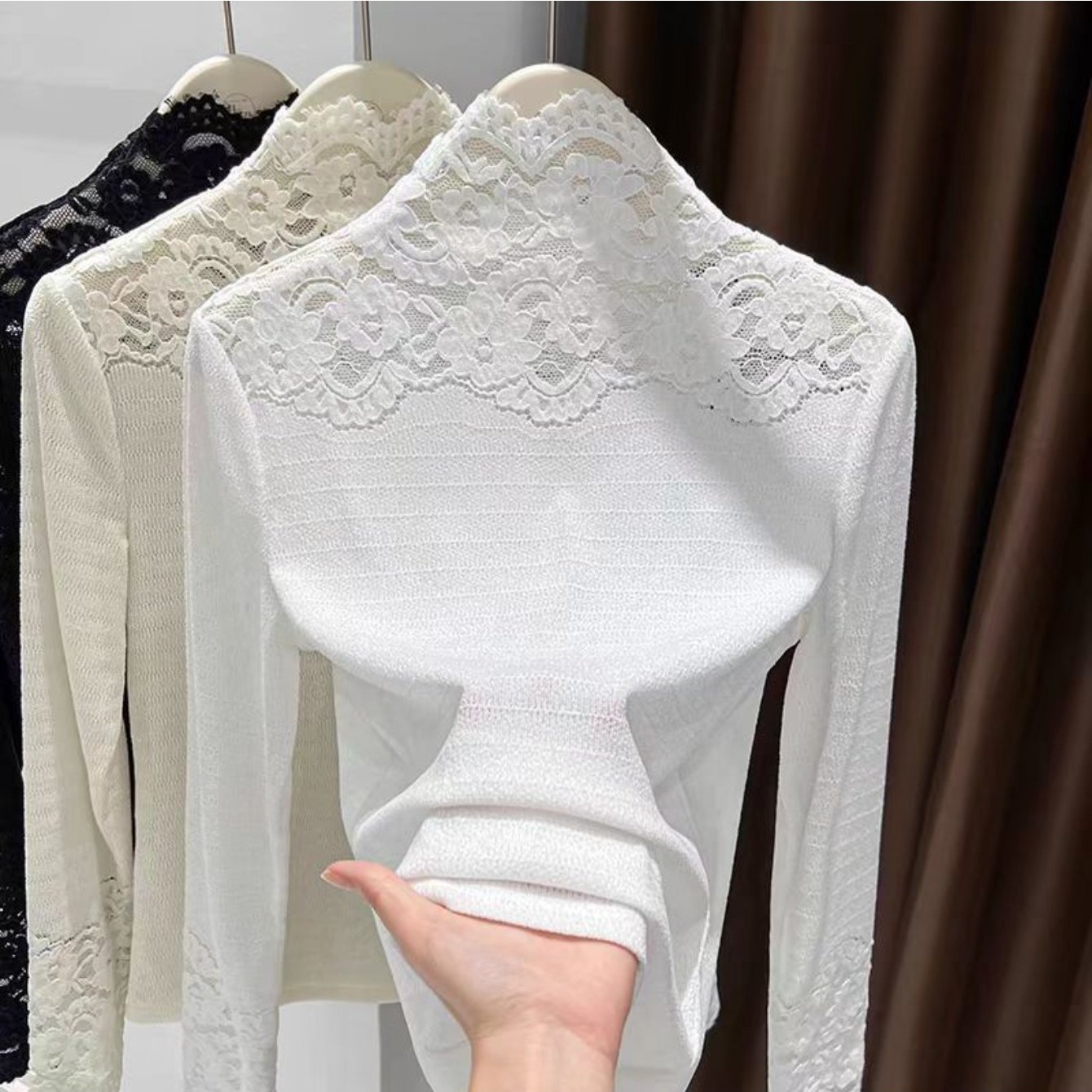 TEMU 秋冬 ムレークロースパッチワークベースシャツ レーストリム付き ハイネック レイヤード レディース