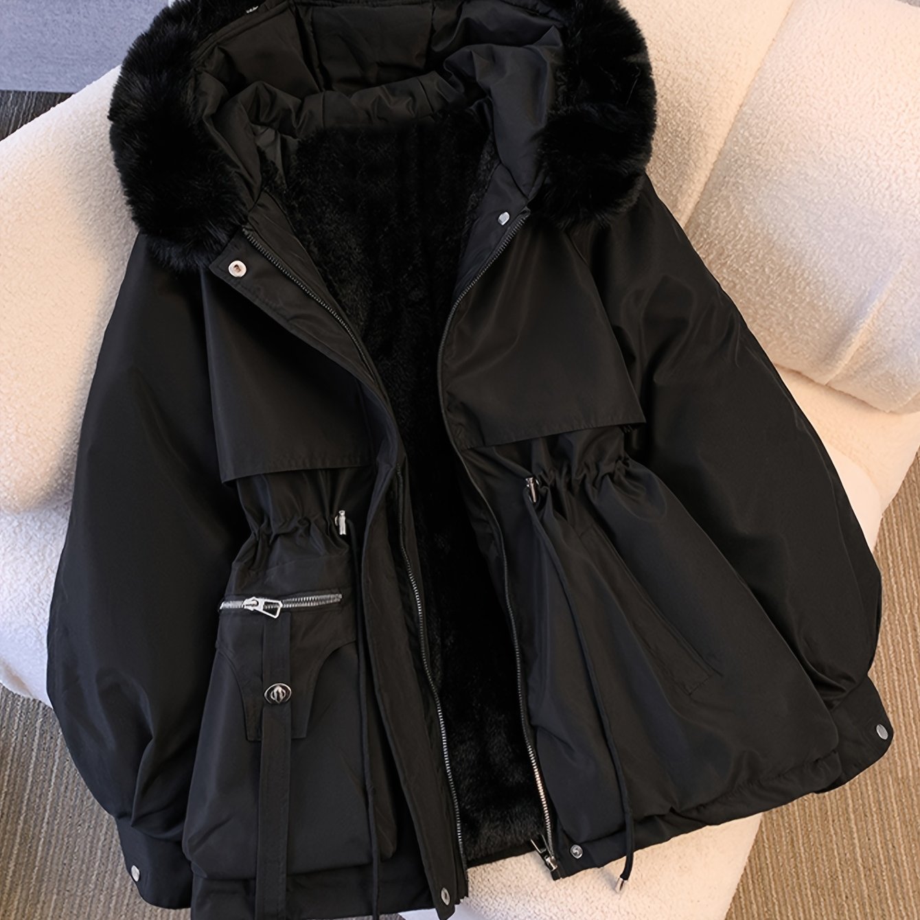 TEMU Winter New Fleece-lined Parka Coat, Waist, Hooded, Fleece-lined, Fashionable Autumn And Winter Women's Jacket, Warm