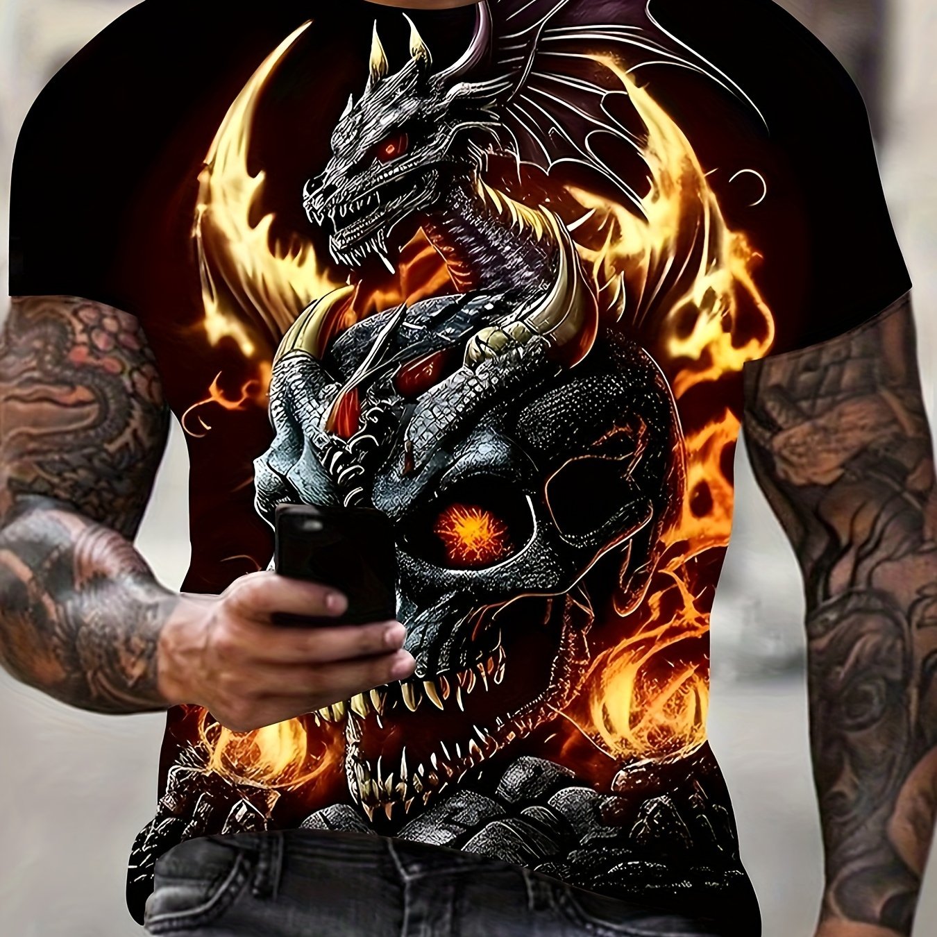 Men's 3d Dragon Print T-shirt - Loose Fit Short Sleeve Crew Neck Top With Dragon Pattern, Summer Casual Wear Suitable For - & Everyday Outfits - Machine Washable Breathable Tee