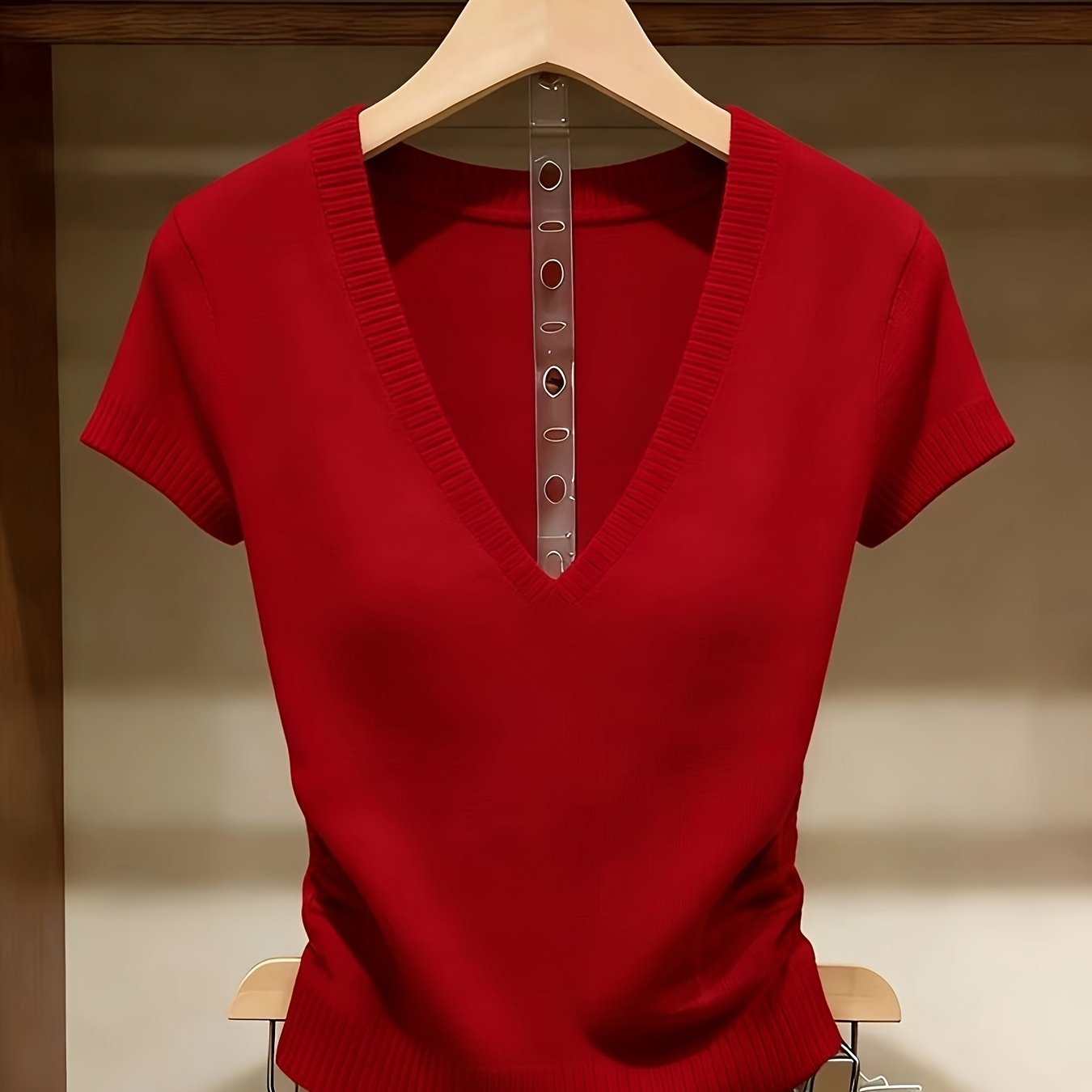 TEMU Women's Summer Clothing, Short-sleeve Sweater, V-neck Waist-cinching Design, Regular Fit Pullover, Spring And Summer