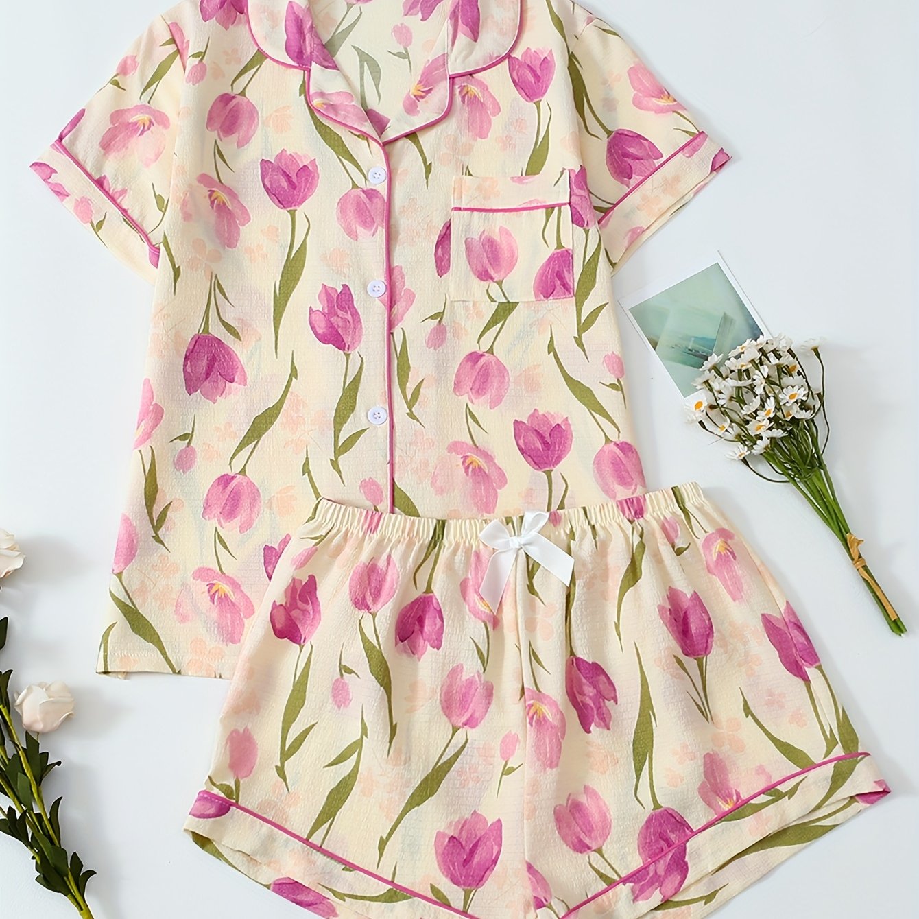 E-shop Damen Pyjama Set mit kurzen Ärmeln und Shorts, Tulpen-Print und Bubble Design