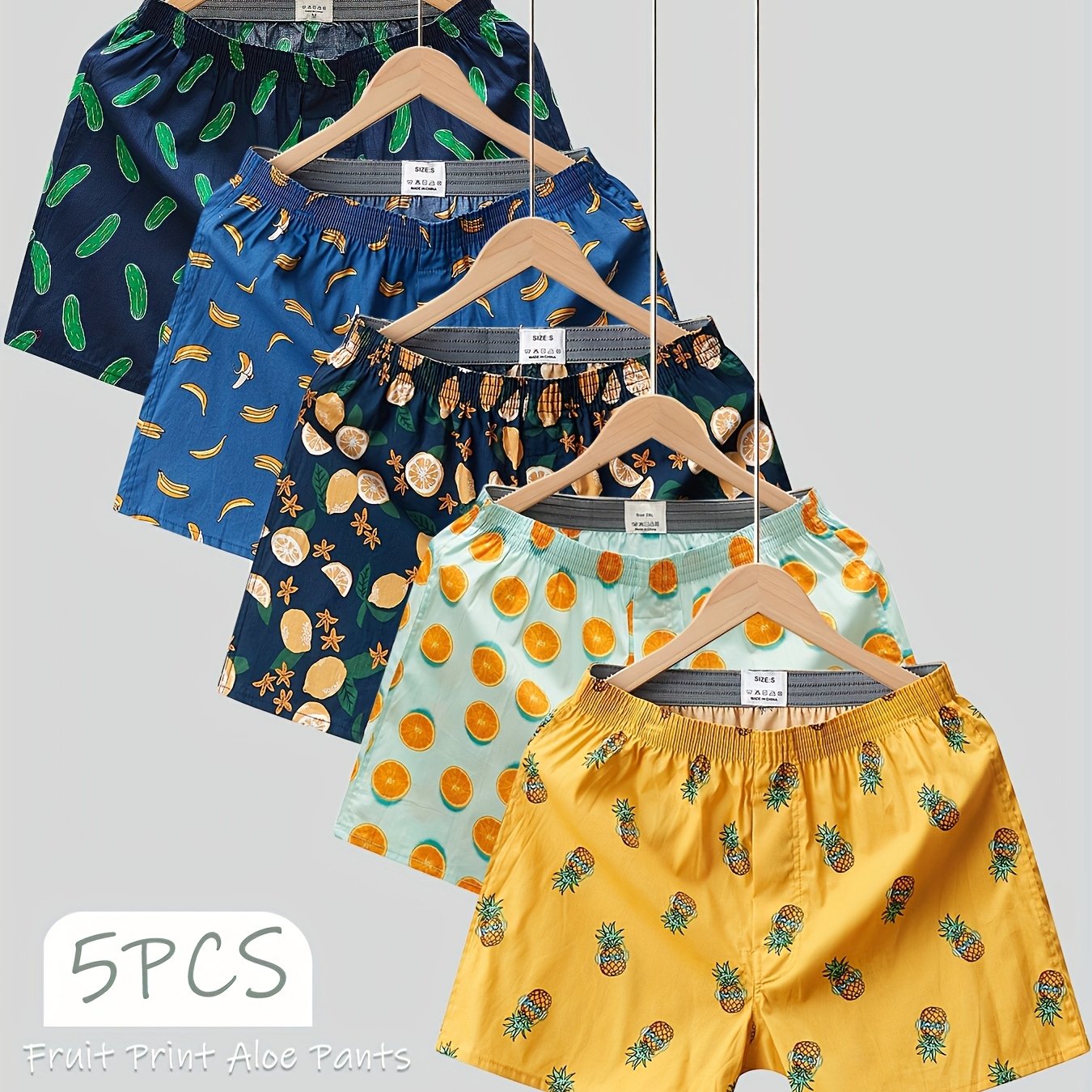 Image of 5-pack Men's Printed Boxer Briefs, Casual Sporty Outdoor Drawstring Pants With Fruit And Vegetable Patterns, Versatile Fashionable Home Sleepwear Comfortable Breathable Beach Shorts For