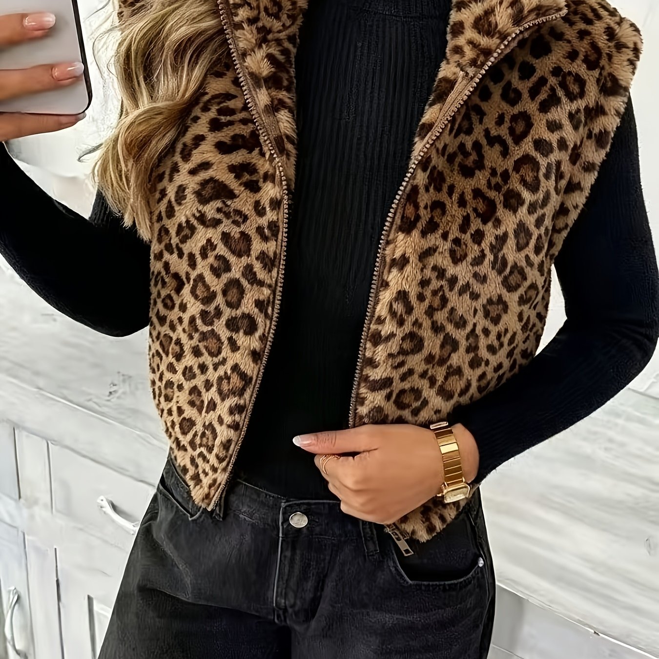 TEMU Printed Double-sided Plush Zipper Lapel Cardigan Casual Women's Autumn/winter Plush Vest Jacket