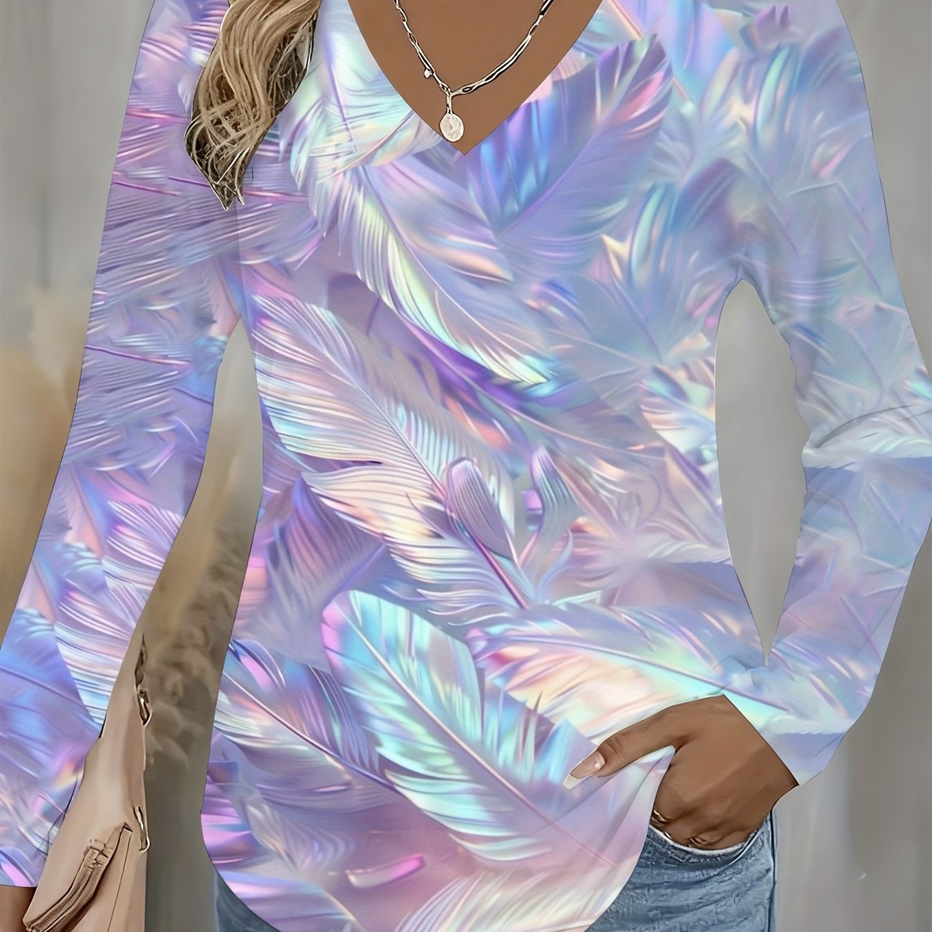 TEMU Plus Size Full Print Women's Trendy Iridescent Feathers V-neck Long Shirt Long Sleeves, Pastel Iridescent Feathers V-neck Long T-shirt Long