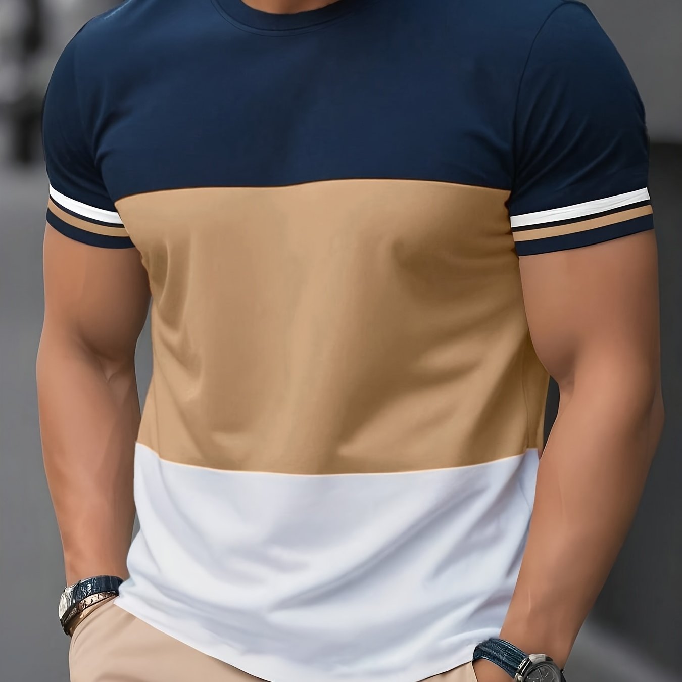 TEMU Three-color Men's Short-sleeved T-shirt - Casual And Easy Style, With Striped Cuffs, Comfortable, Breathable, And Versatile Men's Short-sleeved