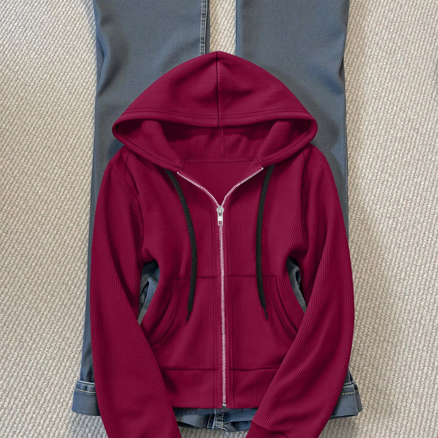 TEMU Women's Cropped Hooded Jacket, Slim Fit Zipper Design, Minimalist -friendly Tone Casual Daily Versatile, Fits Jeans And More