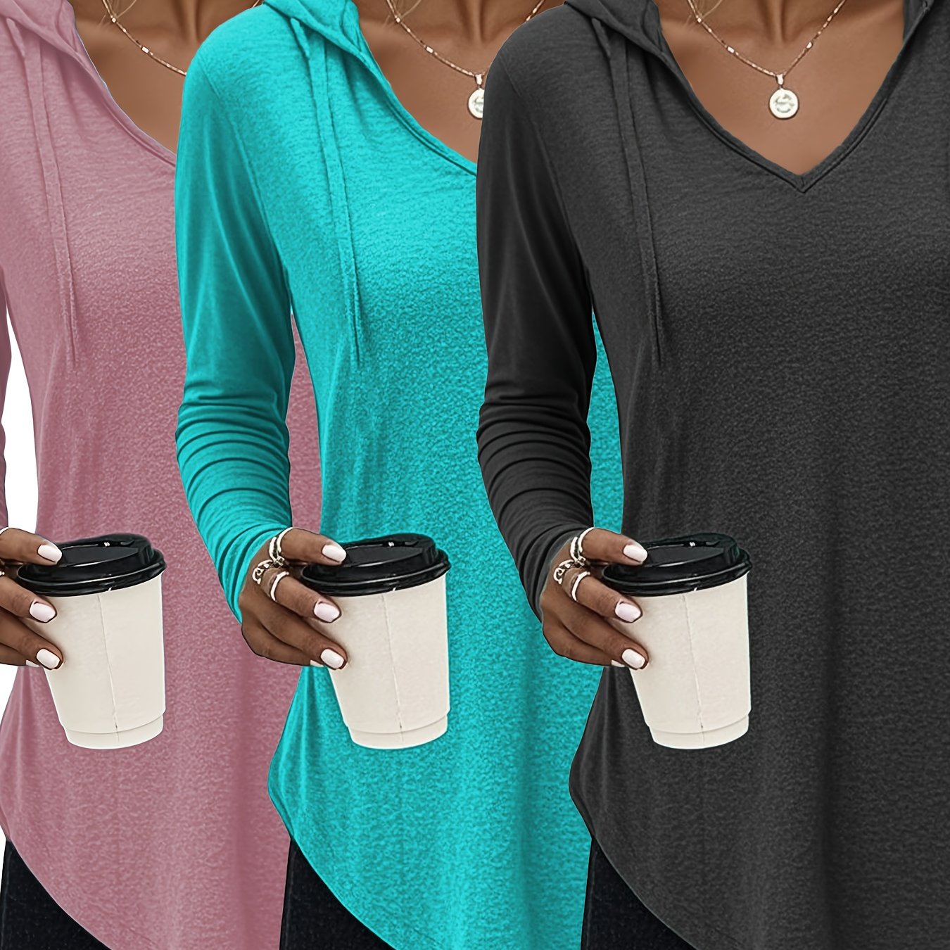 Image of [autumn Winter] Women's New Autumn Winter Casual Elegant Daily Hooded Drawstring Long Sleeve Top 3pcs Set