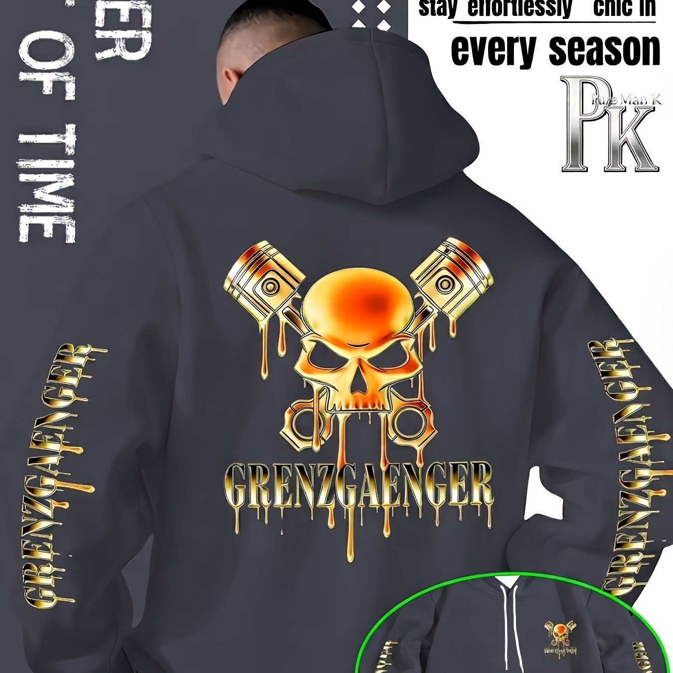 TEMU [print Design- Not Textured]the Top For Men' Outfits ! Liquid Metal Skull Piston Double-sided Print Hooded Sweatshirt, A Collision Of German