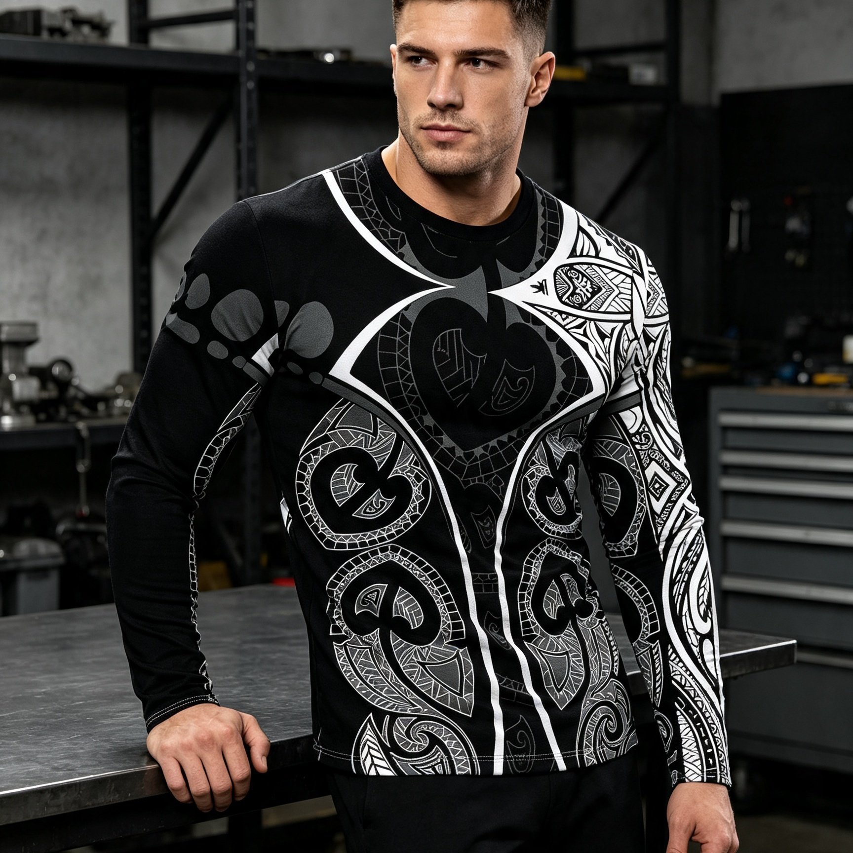 TEMU [printed Design-not Textured] Men's Polynesian Totem Long Sleeve Shirt, Black And White Contrast Maori Tribal Spiral Geometric Pattern Print,