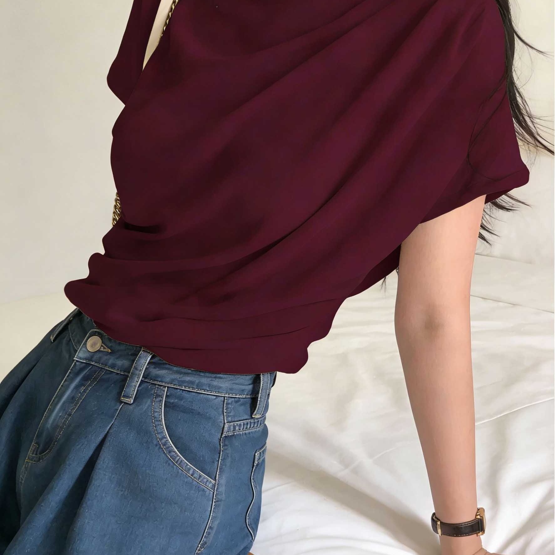 TEMU 26th Anniversary Edition Women's Asymmetrical Ruched Half-turtleneck T-shirt - Half-turtleneck Blouse Suitable For Outerwear & Layering, Machine