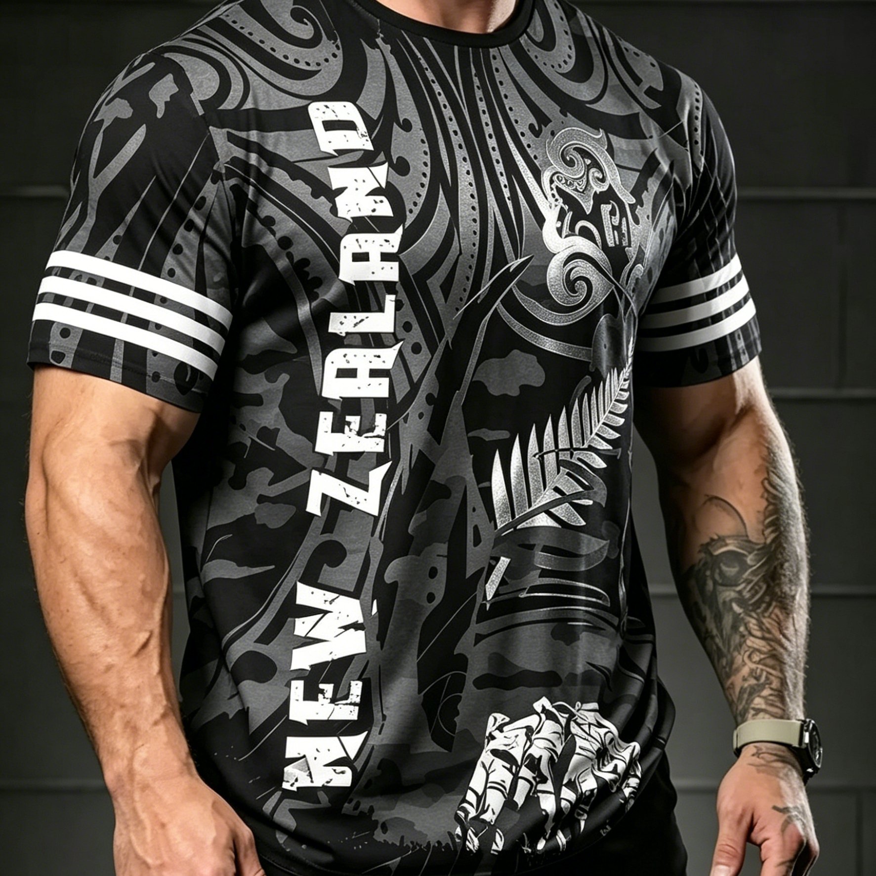 TEMU [scene-adaptive Style] New Zealand-themed Athletic T-shirt And Slim Fit, Suitable For Gym Training/street /campus Wear