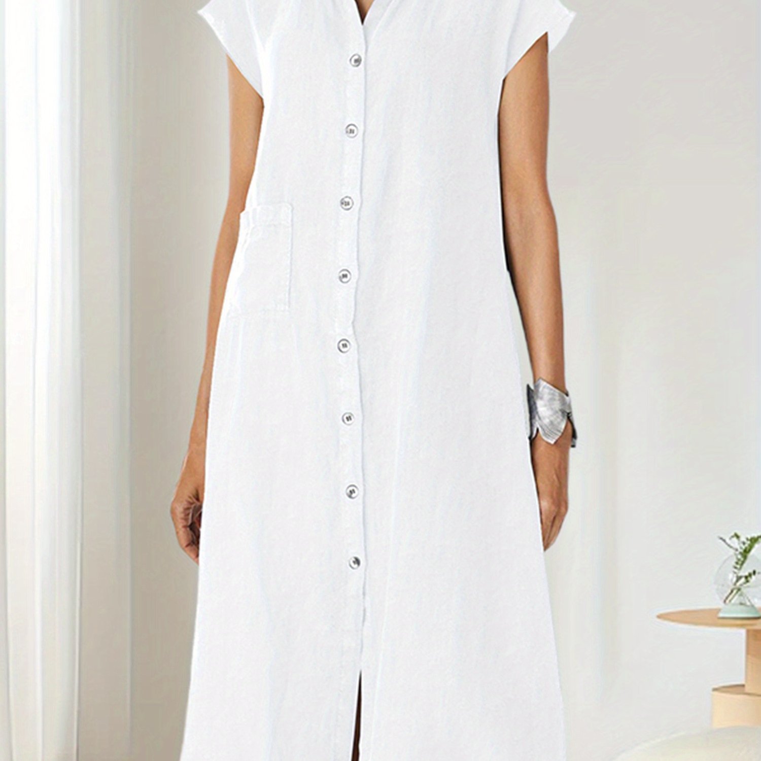 Robe en lin et coton pour femme mode avec cordon de serrage mi-longue à volants décontractée été